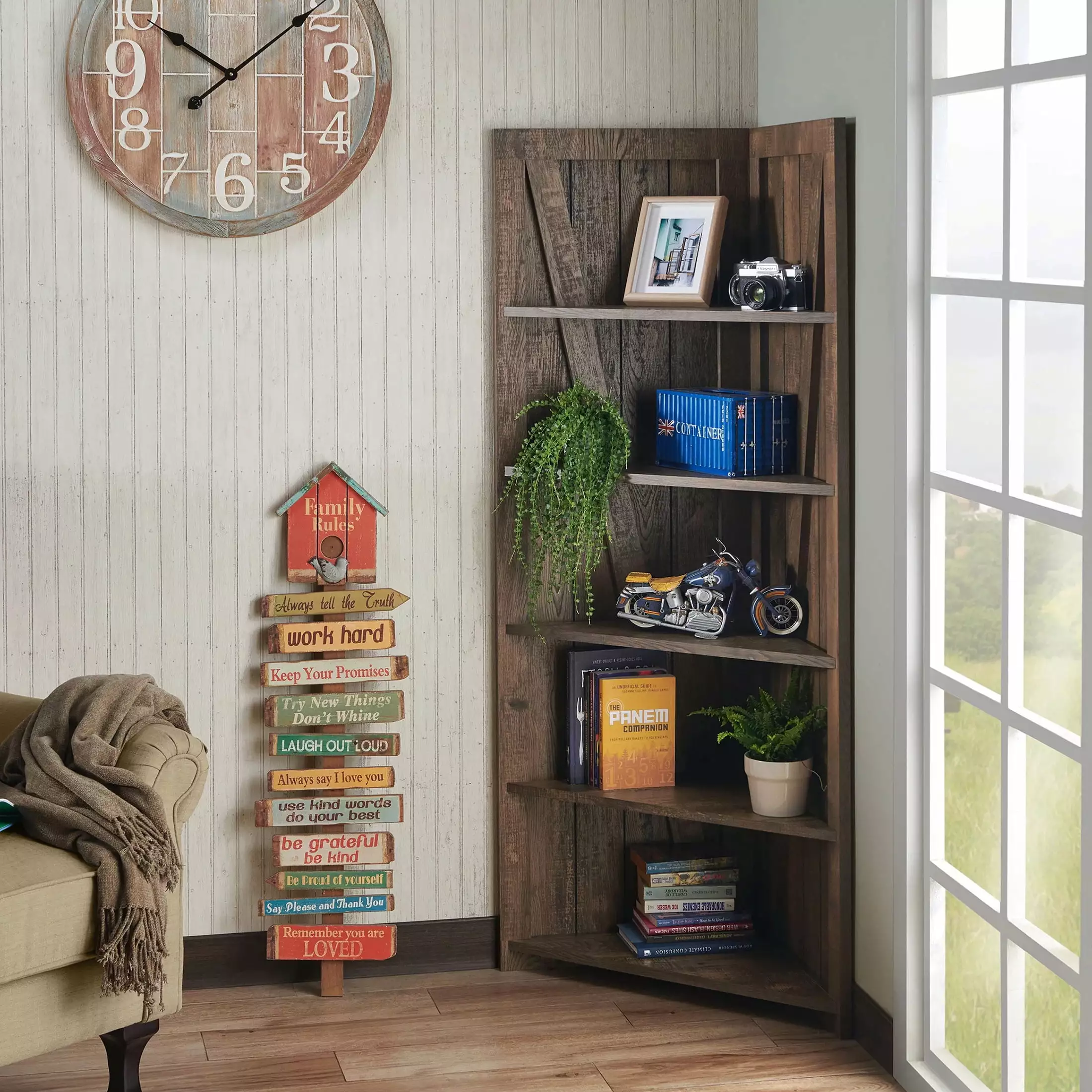 Furniture America Helsa 5-Shelf Corner Bookcase Oak Finish