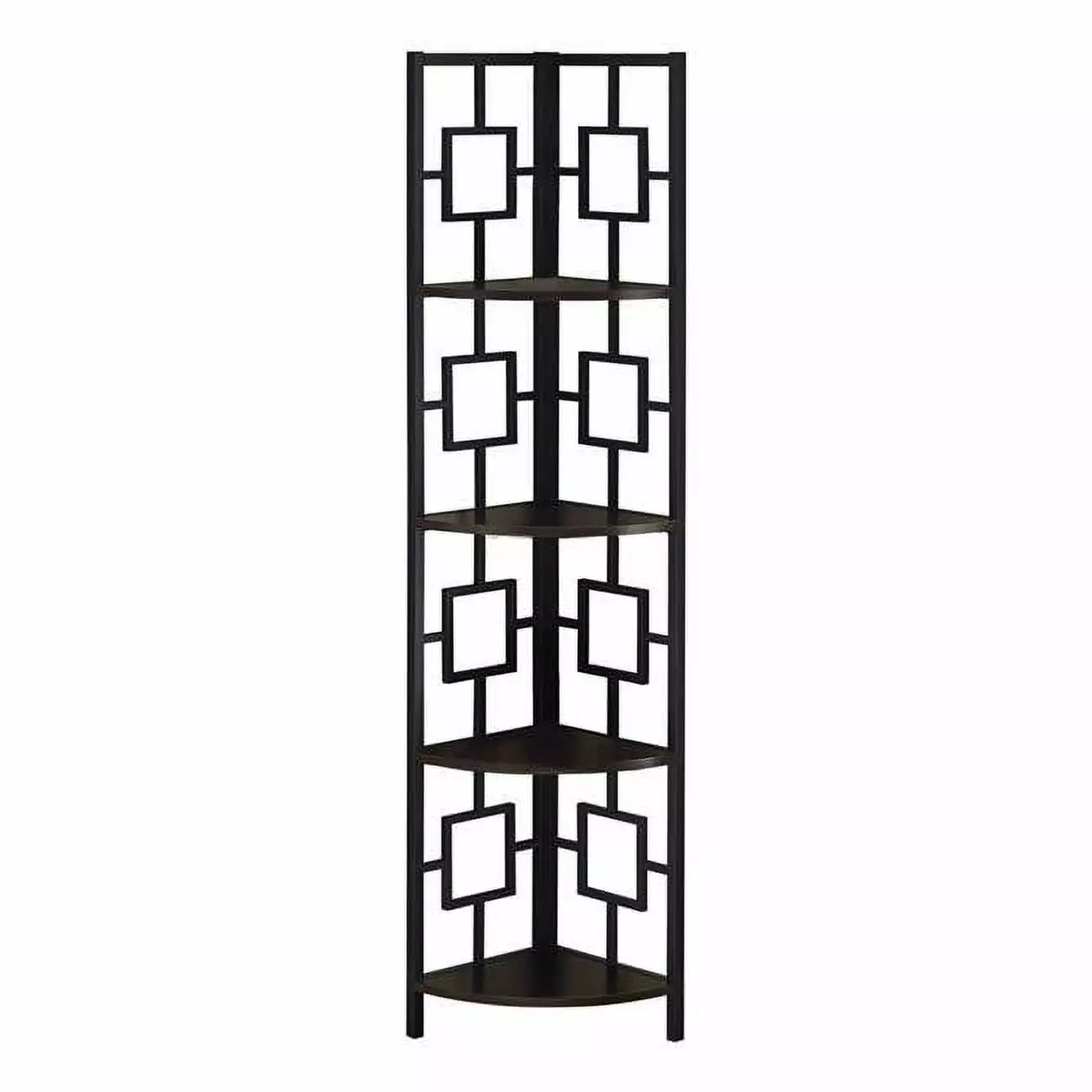 HomeRoots 62 Inch Espresso & Black Metal Corner Etagere Bookcase 4 Shelves