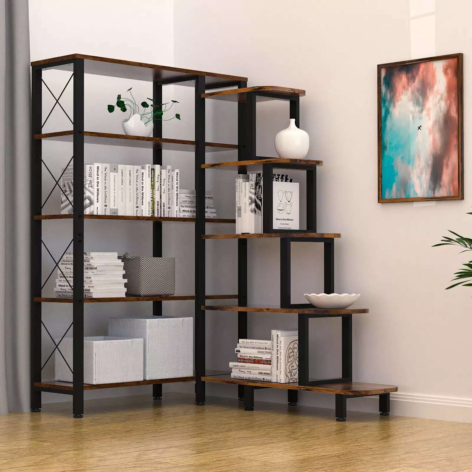 NBTiger 5 Shelf Study Corner Bookshelf L Shaped Large Reversible Bookcase Storage Brown