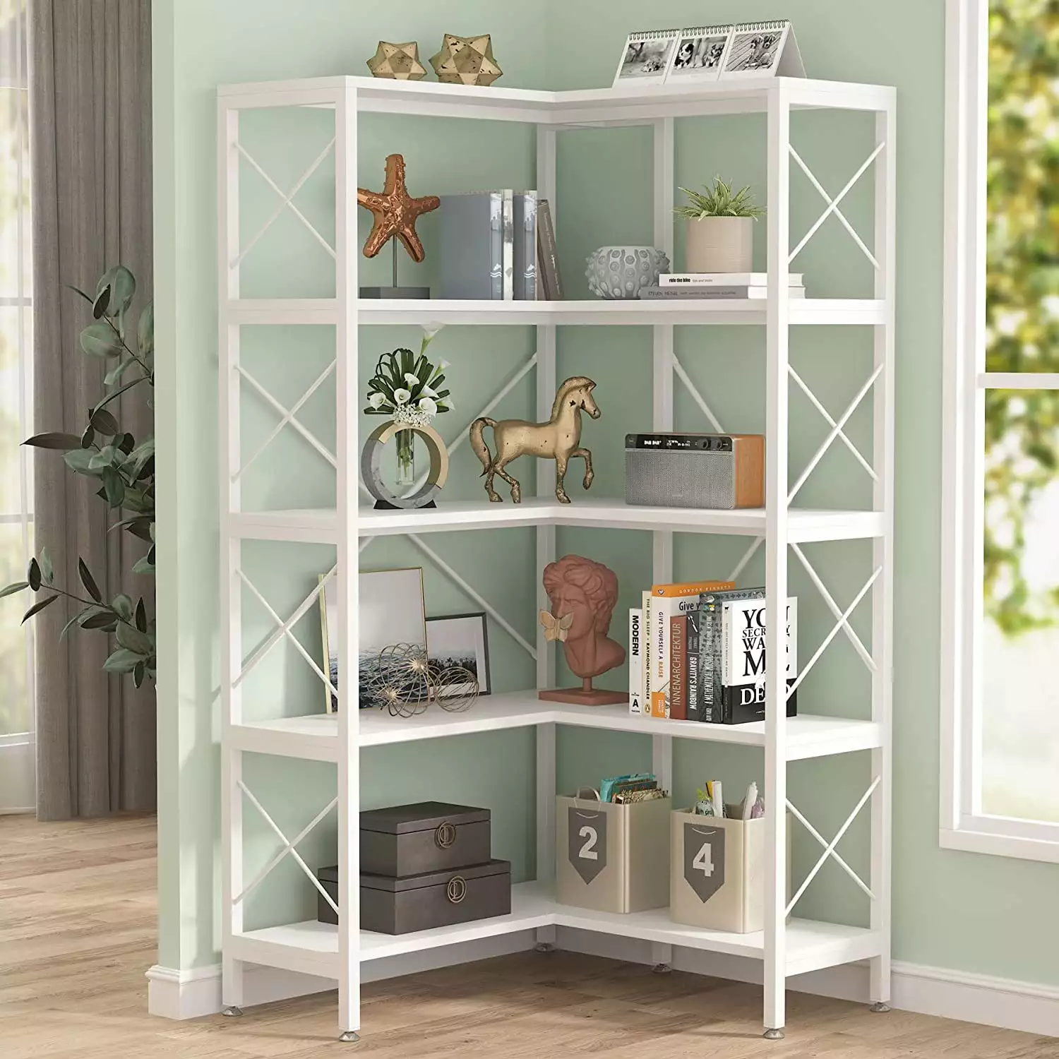 TribeSigns 5-Shelf Corner Bookshelf Large Modern Corner Bookcase Metal Frame White