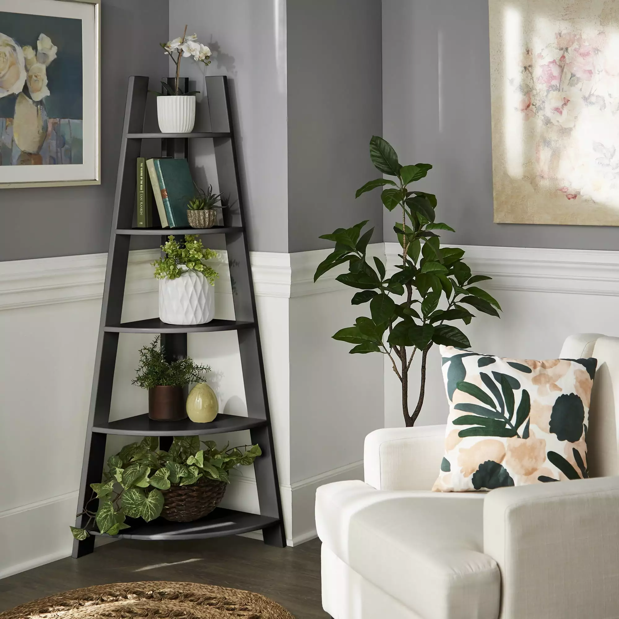 Weston Home Solvig Corner Ladder 5 Shelf Bookcase Black