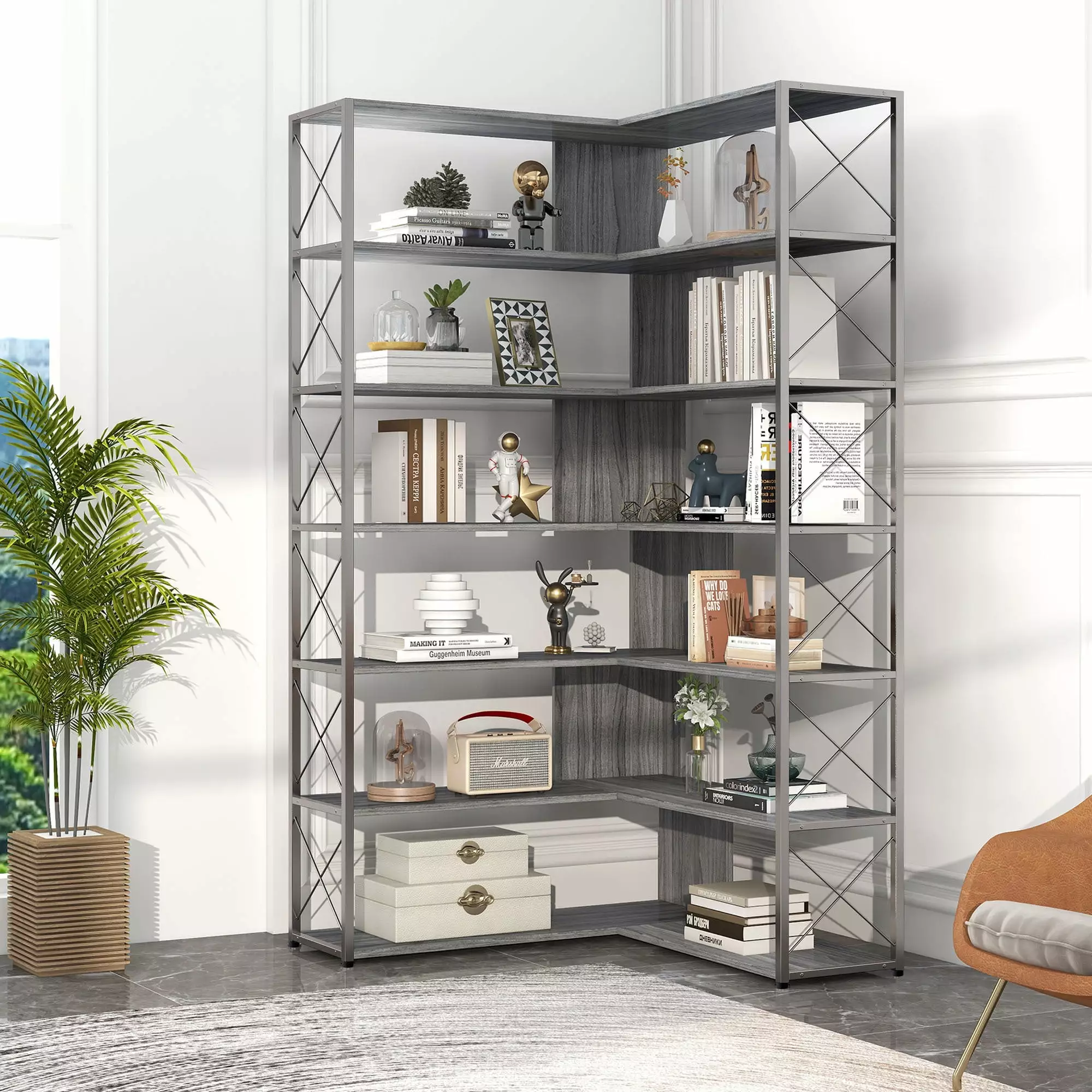 Euroco 7-Tier L-Shaped Corner Bookshelf Industrial Style Gray Open Storage Bookcase