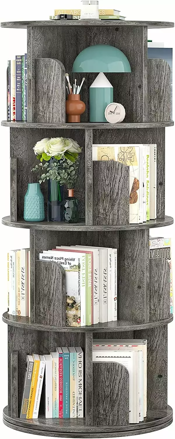Homisimple 360 Rotating Bookshelf 4 Tier Floor Standing Bookcase Small Spaces Grey Oak Homieasy