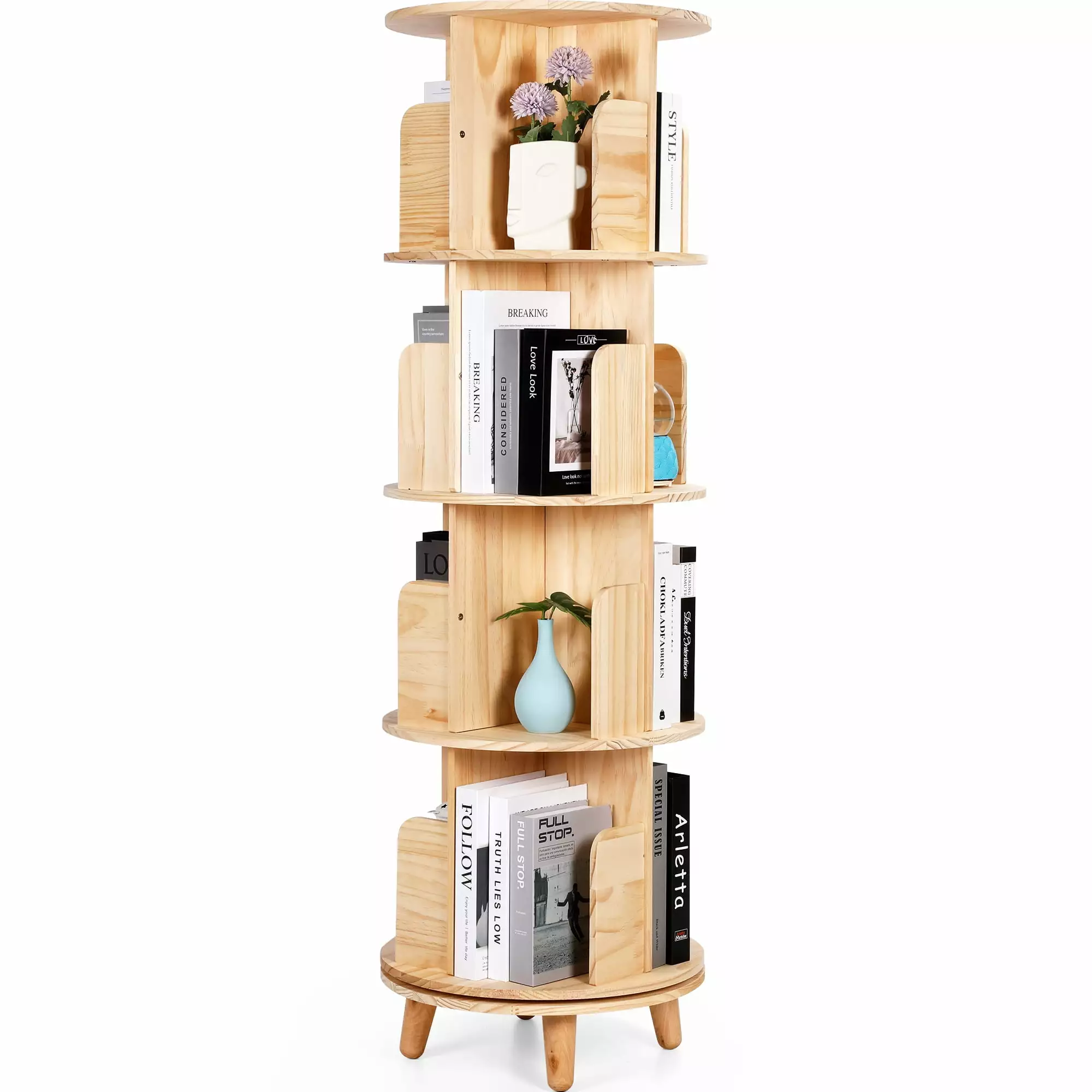 Rotating Bookshelf 360 Display Spinning Bookcase 4 Tier Revolving Solid Wood Corner Shelf Osoeri