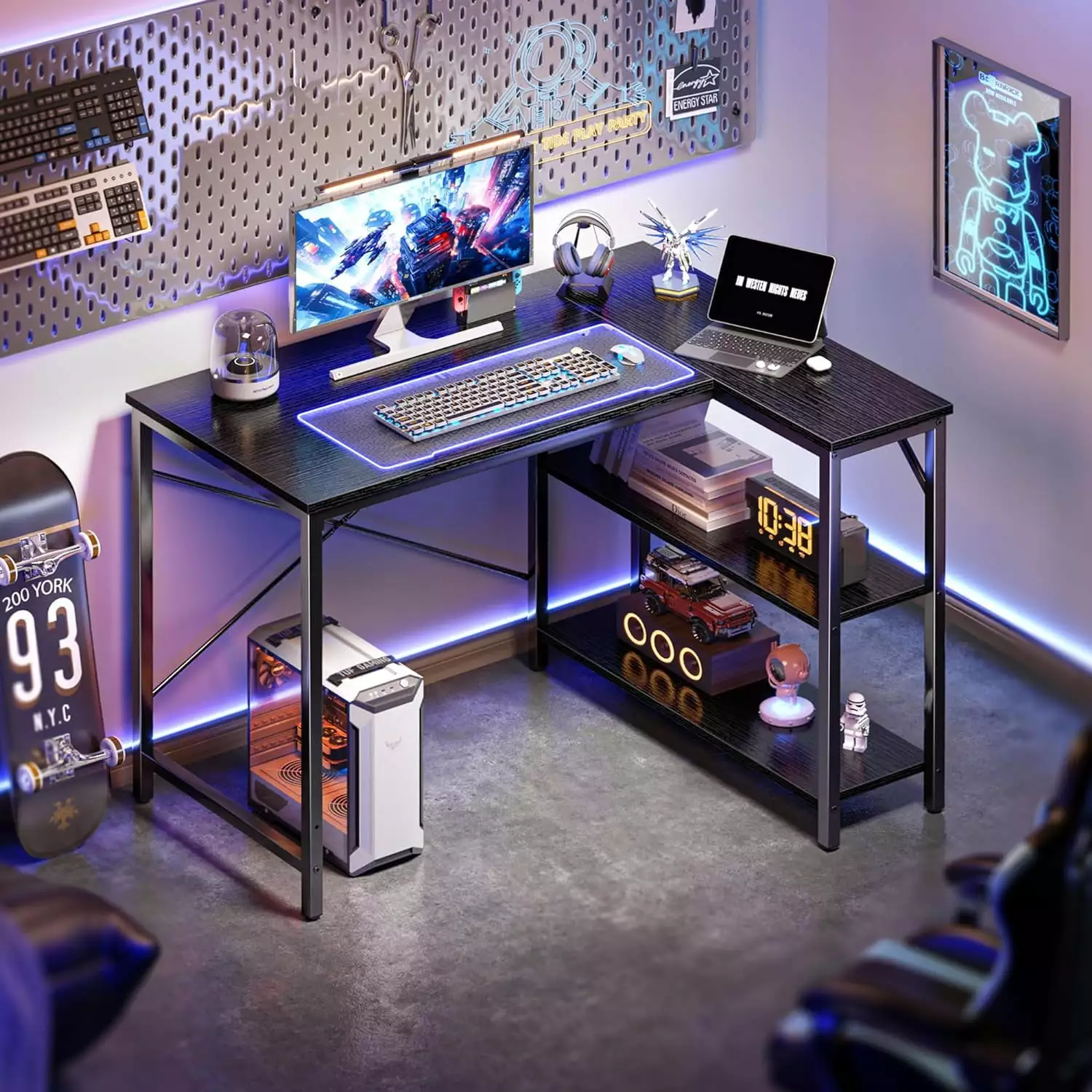 L Shaped 39 Inch Computer Desk Reversible Storage Shelves - Corner Gaming Desk Home Office Metal Frame Black A&A Manufactu...