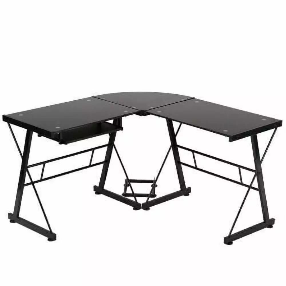 New L Shaped Glass Corner Desk Keyboard Tray Modern Office BestMassage