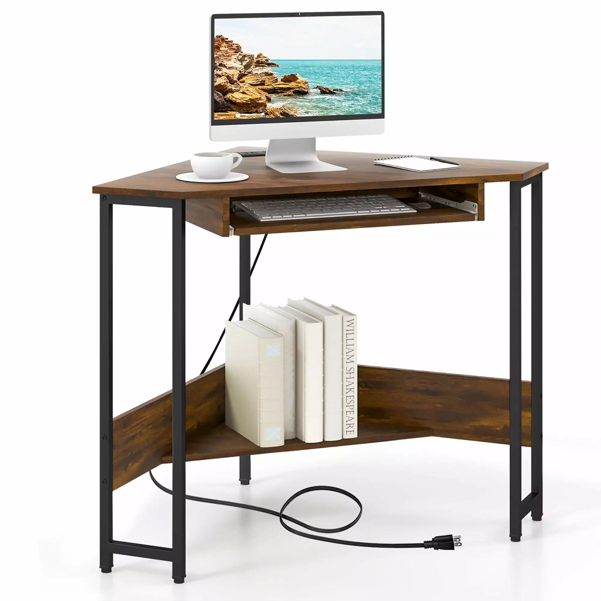 Costway Triangle Corner Computer Desk w Charging Station Keyboard Tray & Storage Shelf