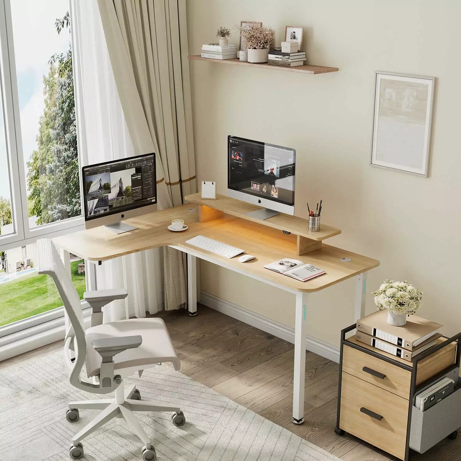 Eureka Ergonomic 60 Inch Maple Wood L-Shaped Computer Corner Desk Monitor Stand