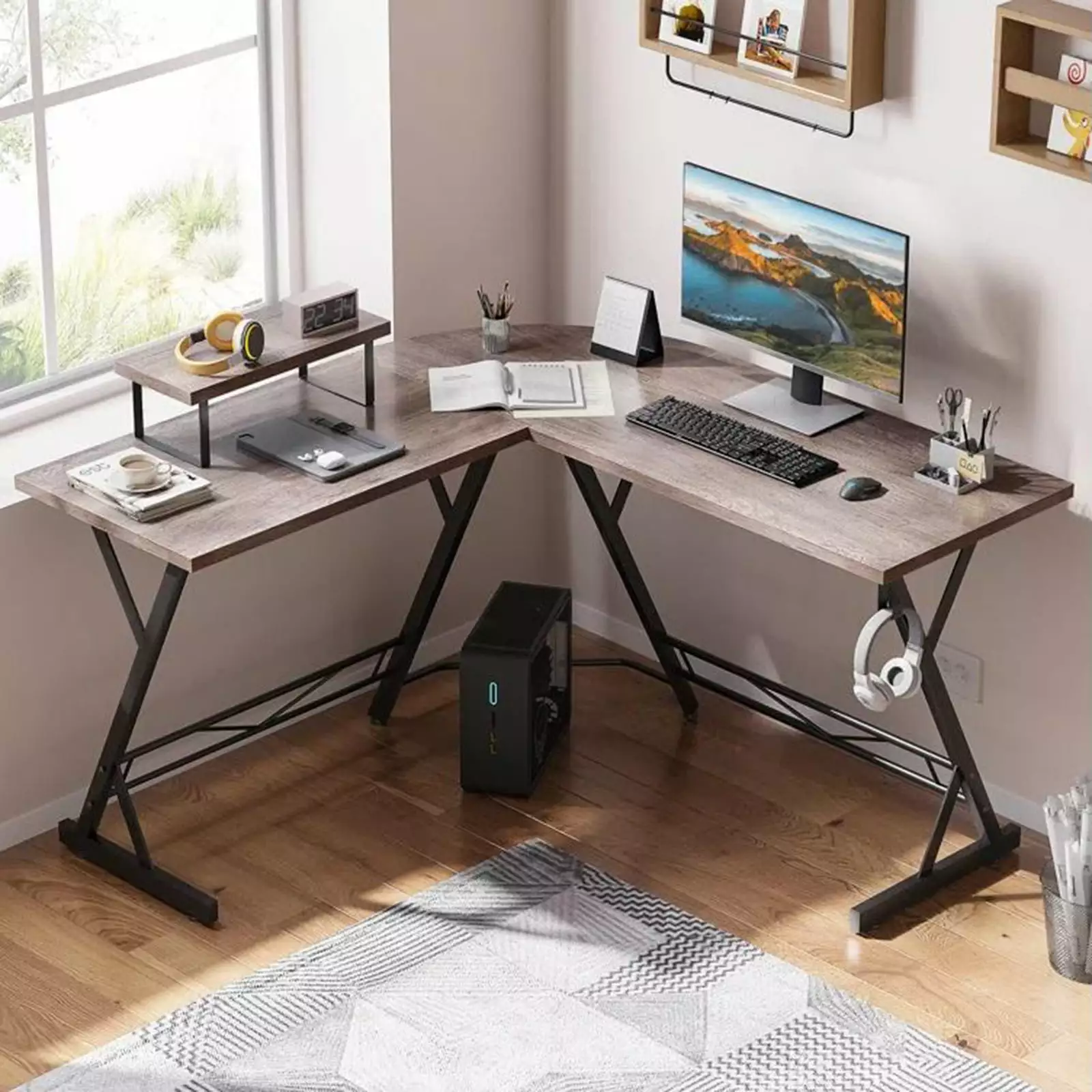 L-Shaped Corner Computer Desk Large Monitor Stand - Rustic Brown 51 Inch Easy Assembly Home Office and Gaming FHWM-C