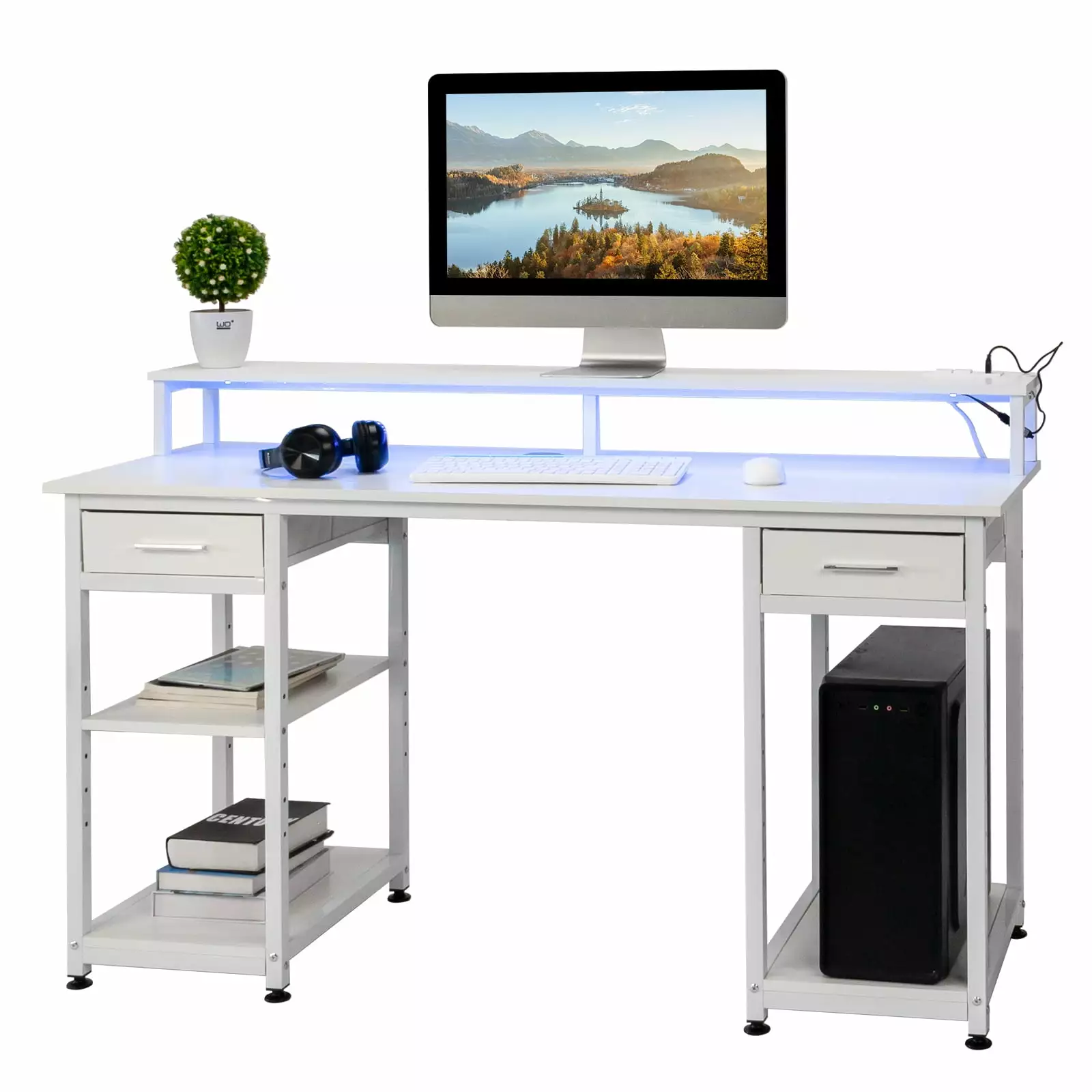 IVV Wood Computer Desk Storage Shelves and 2 Fabric Drawers - Corner Desk USB Power White