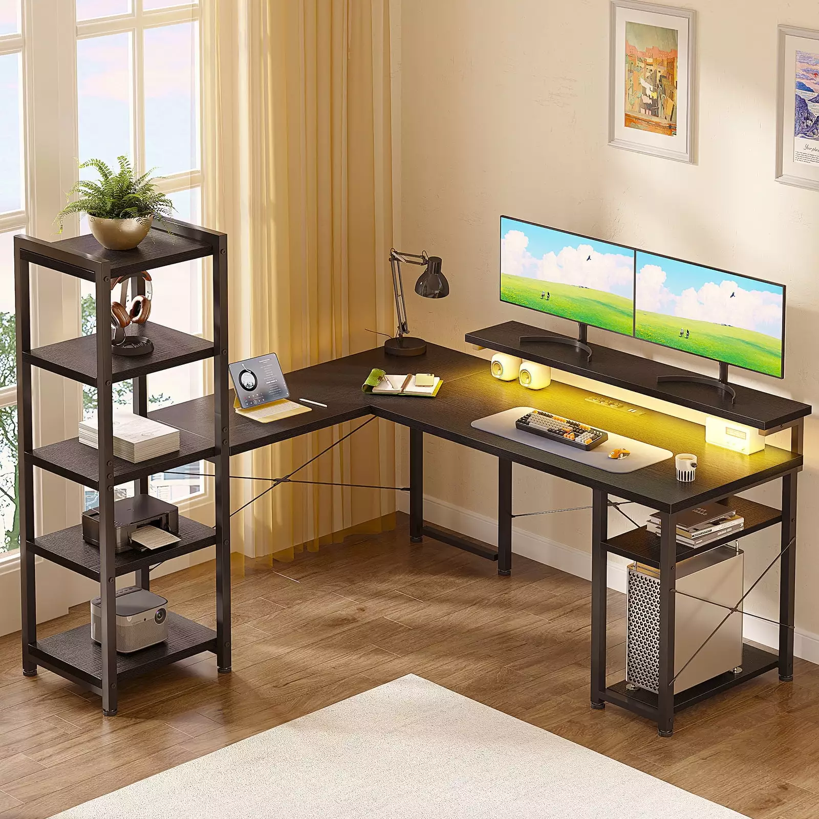 53 Inch Reversible L Shaped Corner Desk Power Outlets and Bookshelf Home Office Modern Gaming Desk LED Lights KKL