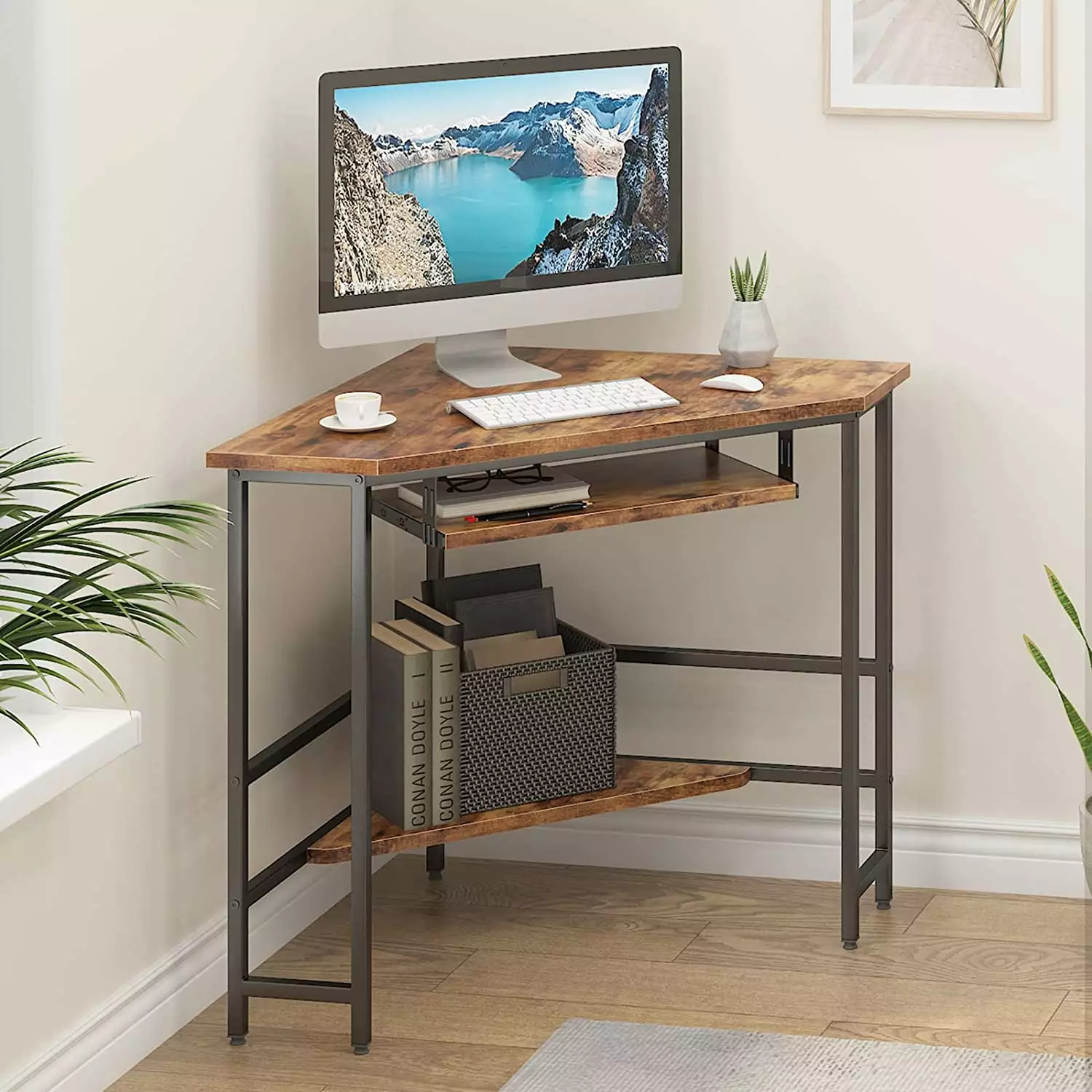 Soges Triangle Computer Desk 28 Inch Corner Desk Storage Shelf Rustic Brown