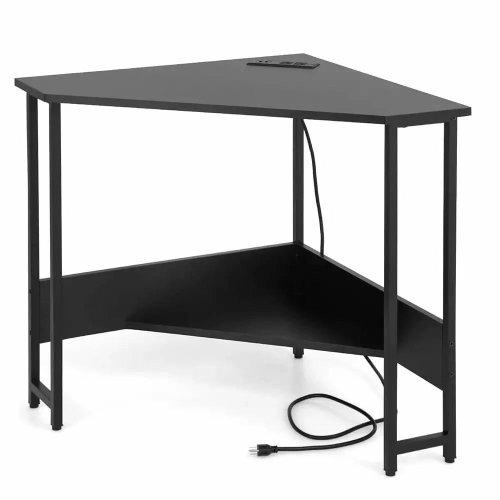 Corner Computer Desk USB Ports & Power Outlet - Gray Triangle Steel Frame Workstation Small Spaces Unbrand