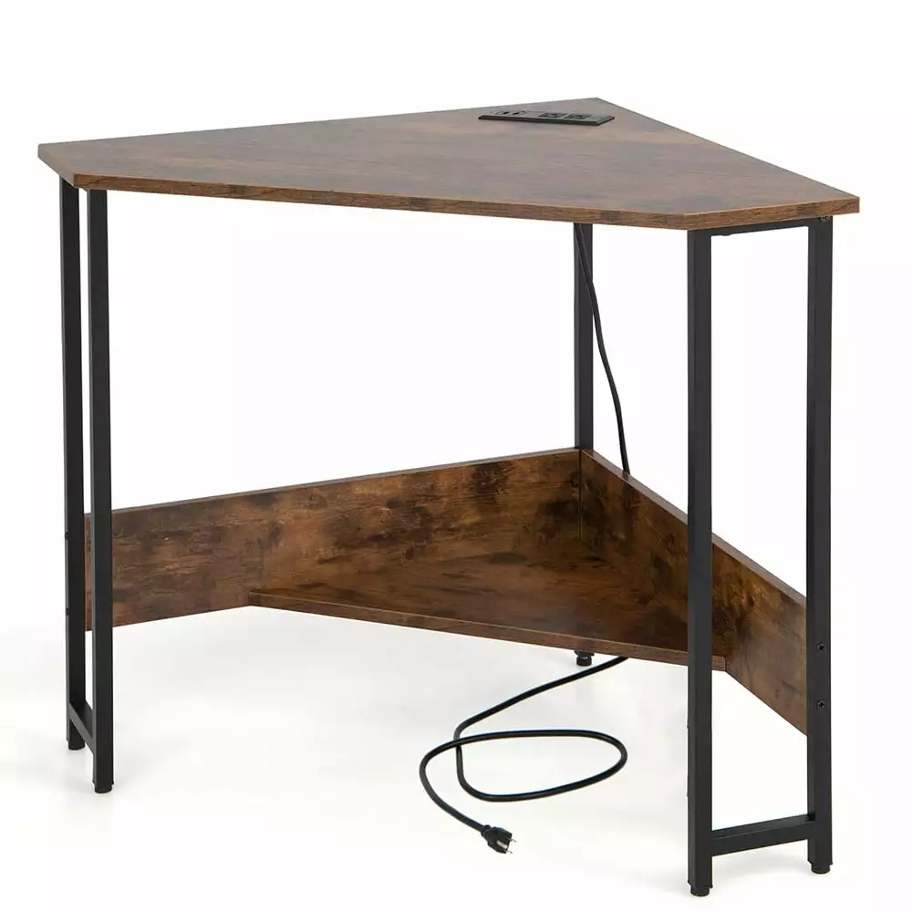 Corner Computer Desk USB Ports Power Outlet Storage Shelf Triangle Steel Frame Home Office Workstation Brown Unbrand