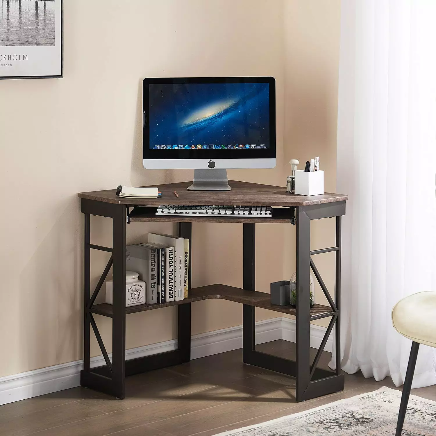 VECELO Corner Computer Desk Keyboard Tray and Shelves Dark Brown Space Saving