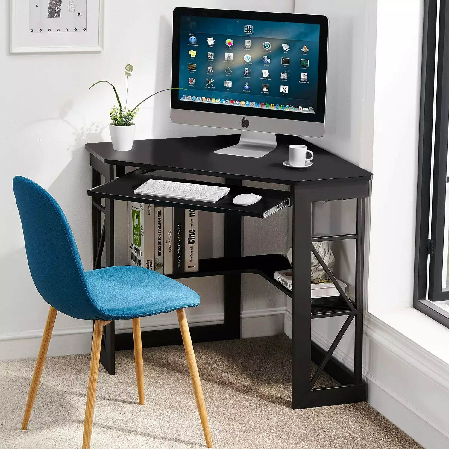 VECELO Corner Computer Desk Keyboard Tray Storage Shelf Black Home Office Workstation