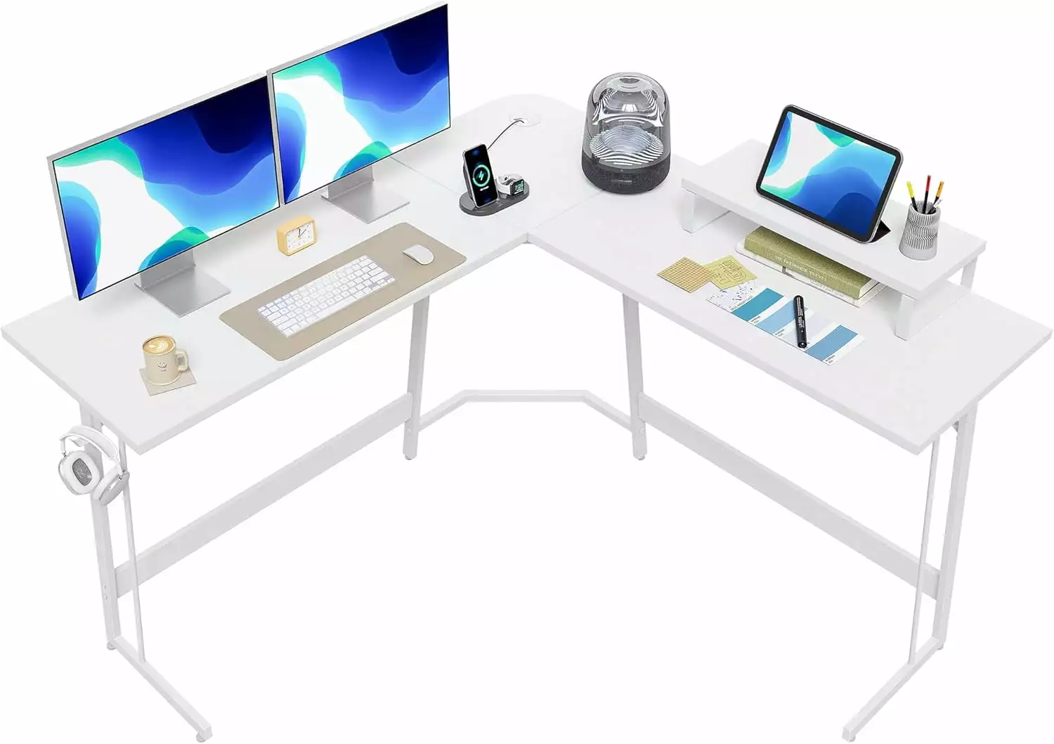 L Shaped 47 Inch Gaming Desk Monitor Stand - Corner PC Gaming Desk Home Office Sturdy Writing Workstation White WRP