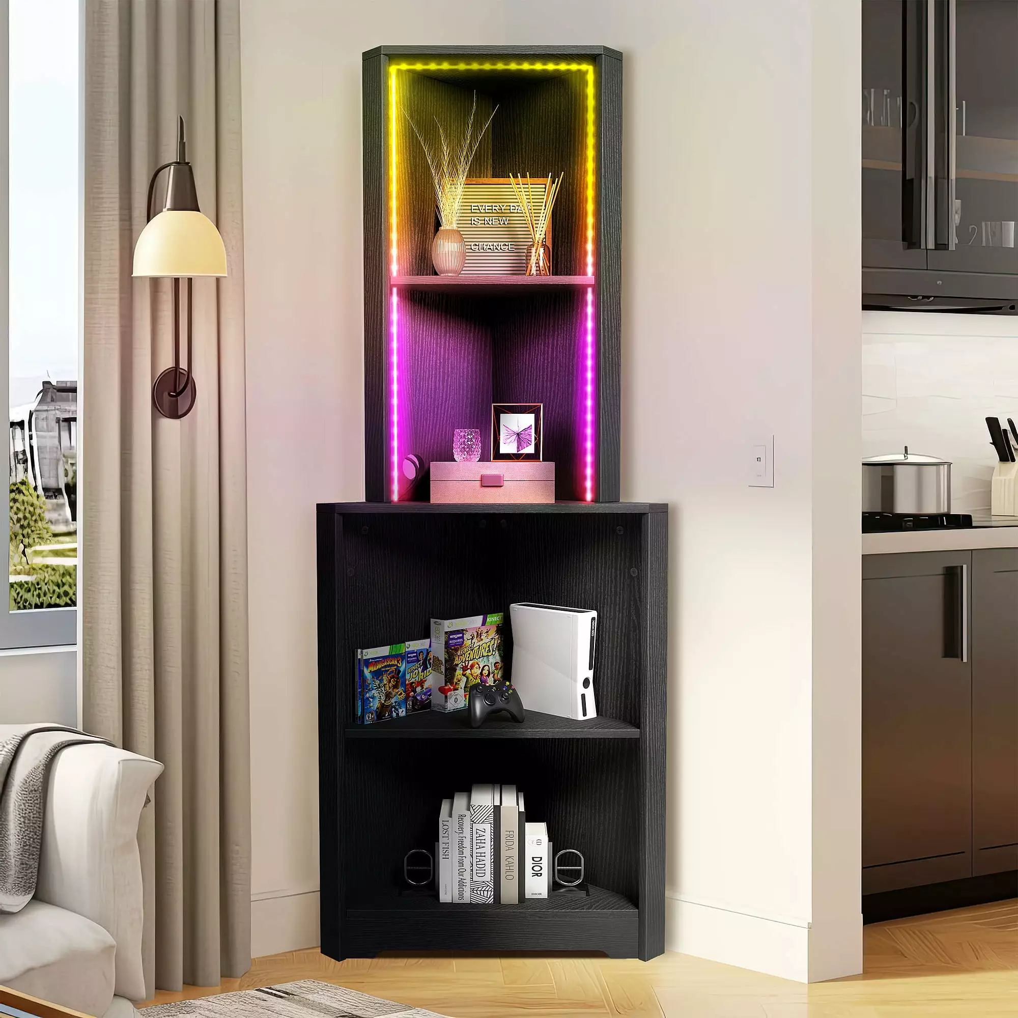 DWVO Corner Shelf Stand LED Light 5 Tier Corner Bookshelf Black Open Display Storage Rack