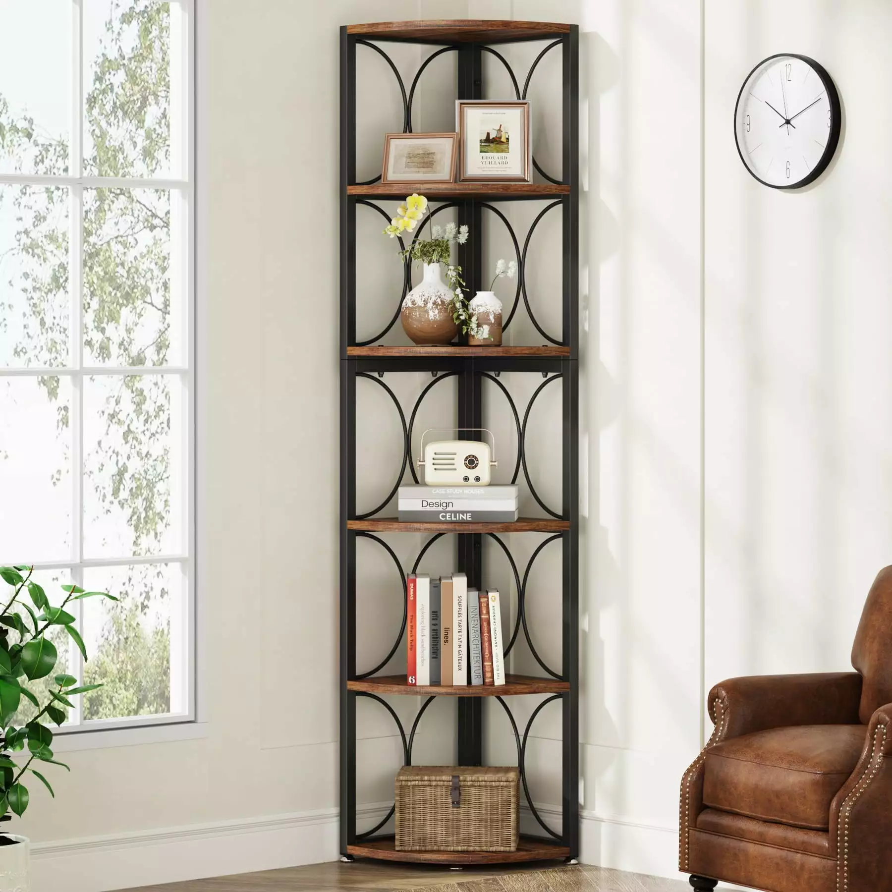 Tribesigns 67 Inch Tall Corner Shelf, 6 Tier Rustic Bookshelf Living Room