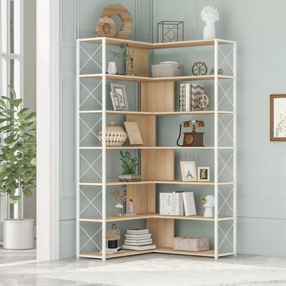 7-Tier Home Office Storage Shelves L-Shaped Corner Bookcase Metal Frame and Wood Open Shelf Heavy-loaded Capacity Shelves ...