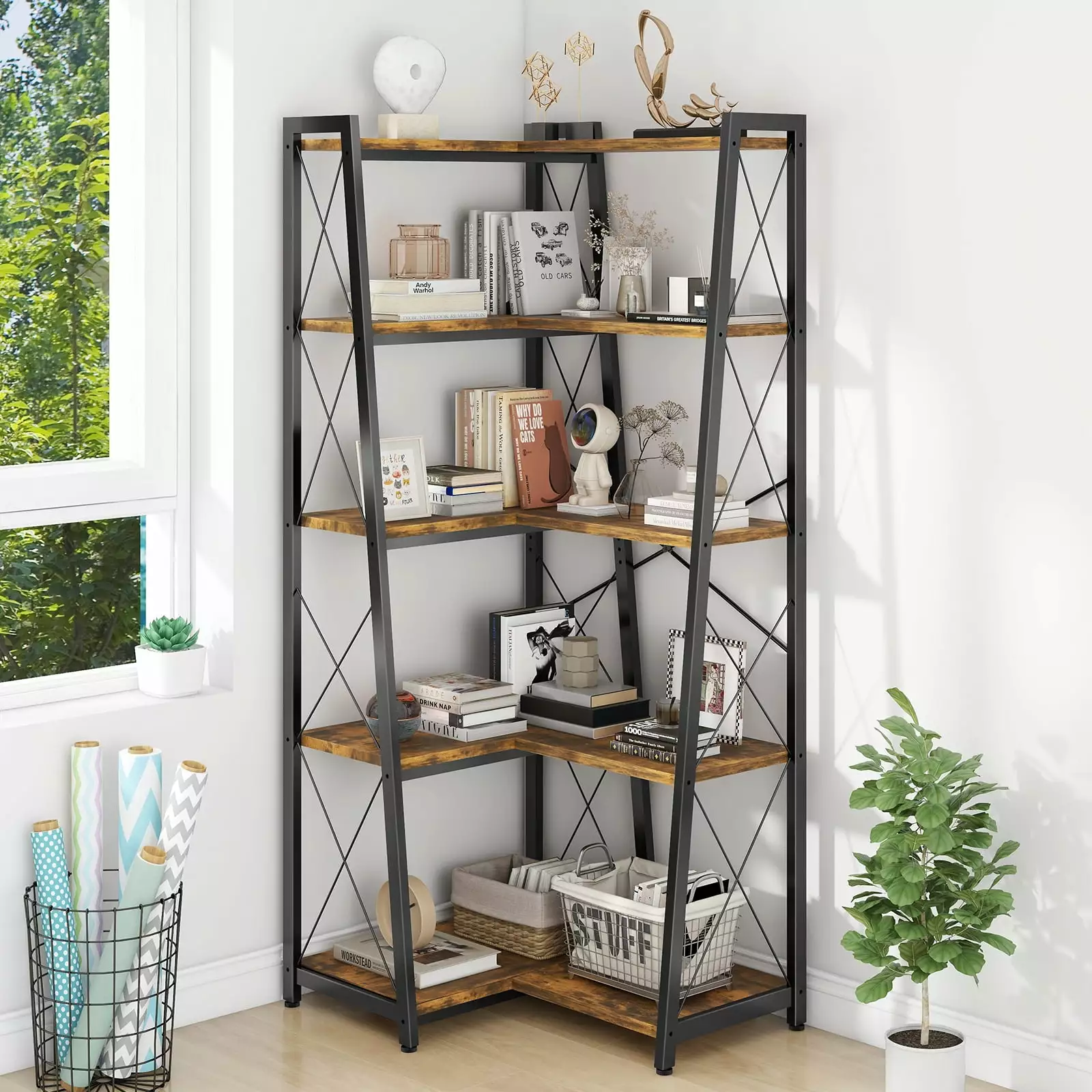 Vabches Industrial Bookshelf 5-Tier Corner Shelf L-Shaped Metal Frame