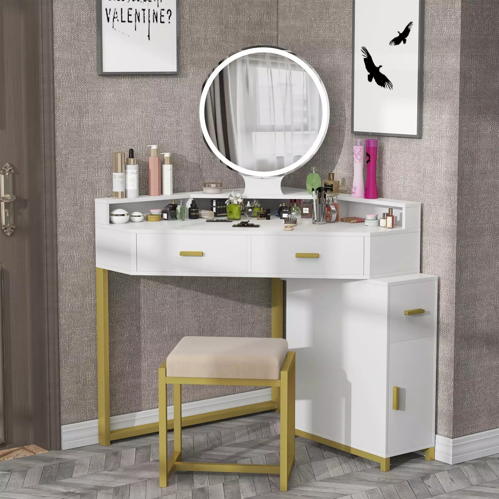 Corner Vanity Set Lighted Mirror Makeup Vanity Dressing Table Drawers and Stool Black HSOZPTRY