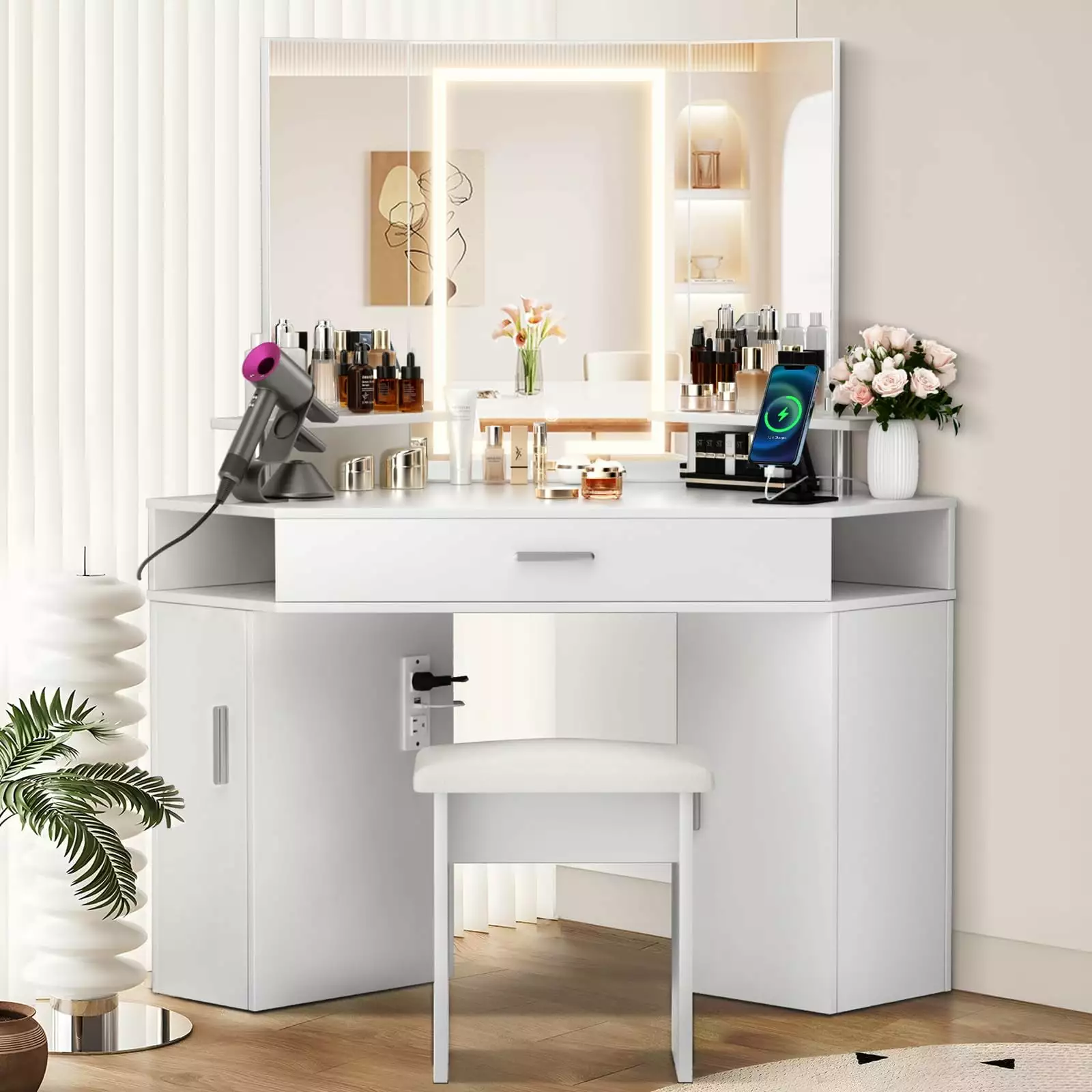 RichYa Corner Makeup Vanity Desk Lighted Mirror Power Outlet 3 Color Lighting Options
