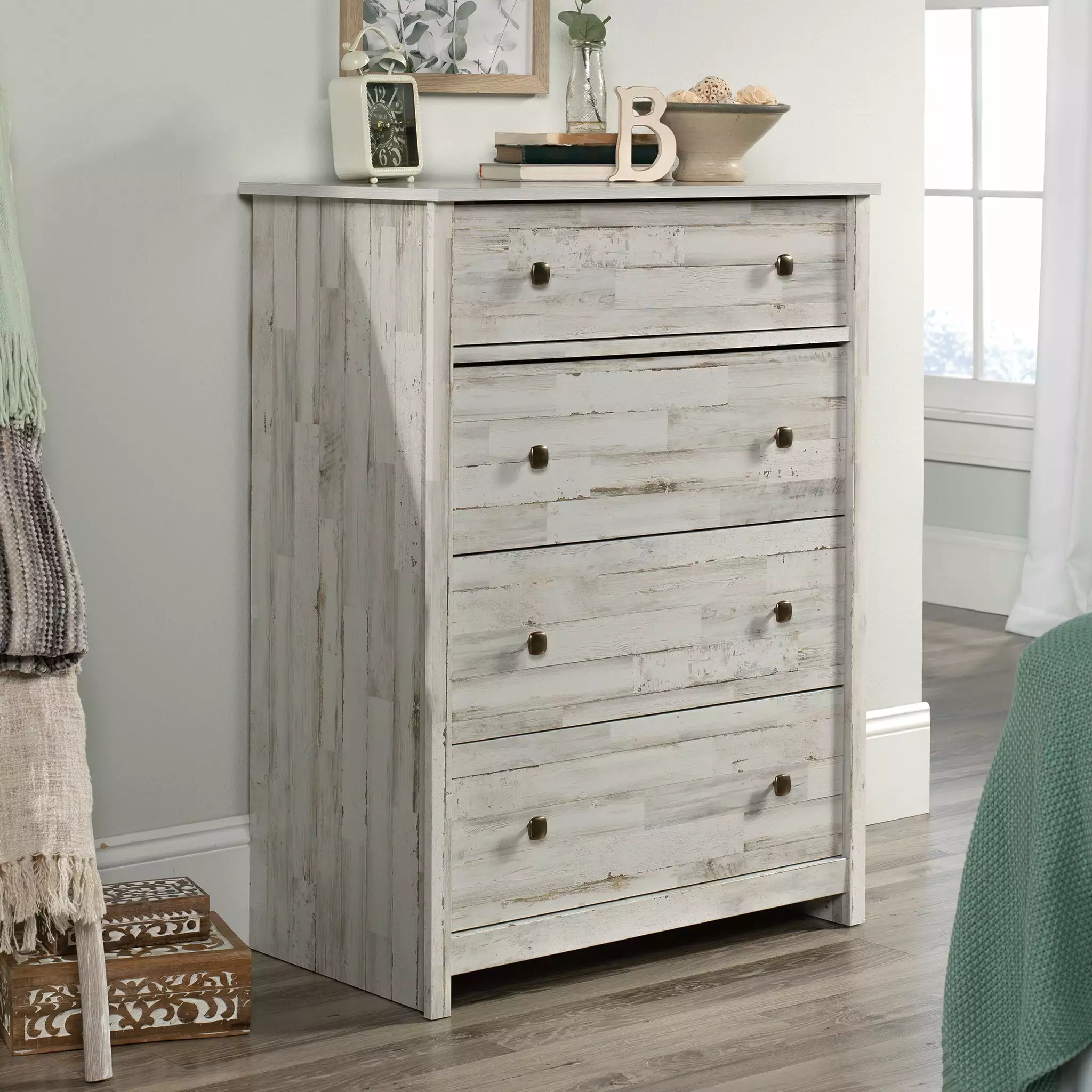 Sauder River Ranch 4-Drawer Dresser White Plank Finish Country Style
