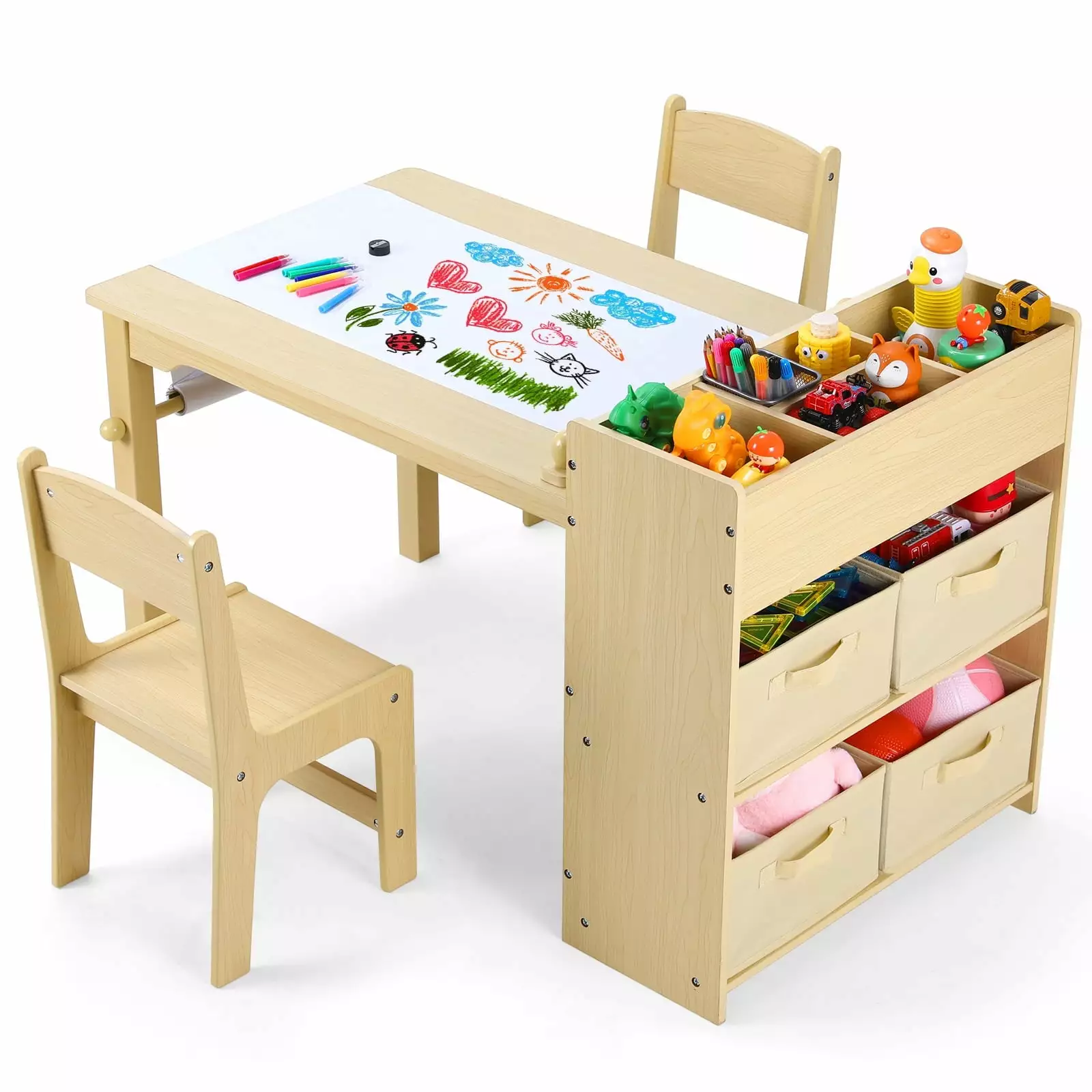 Pirecart Kids Art Table and 2 Chairs Toddler Craft Set Storage Bins and Paper Roll