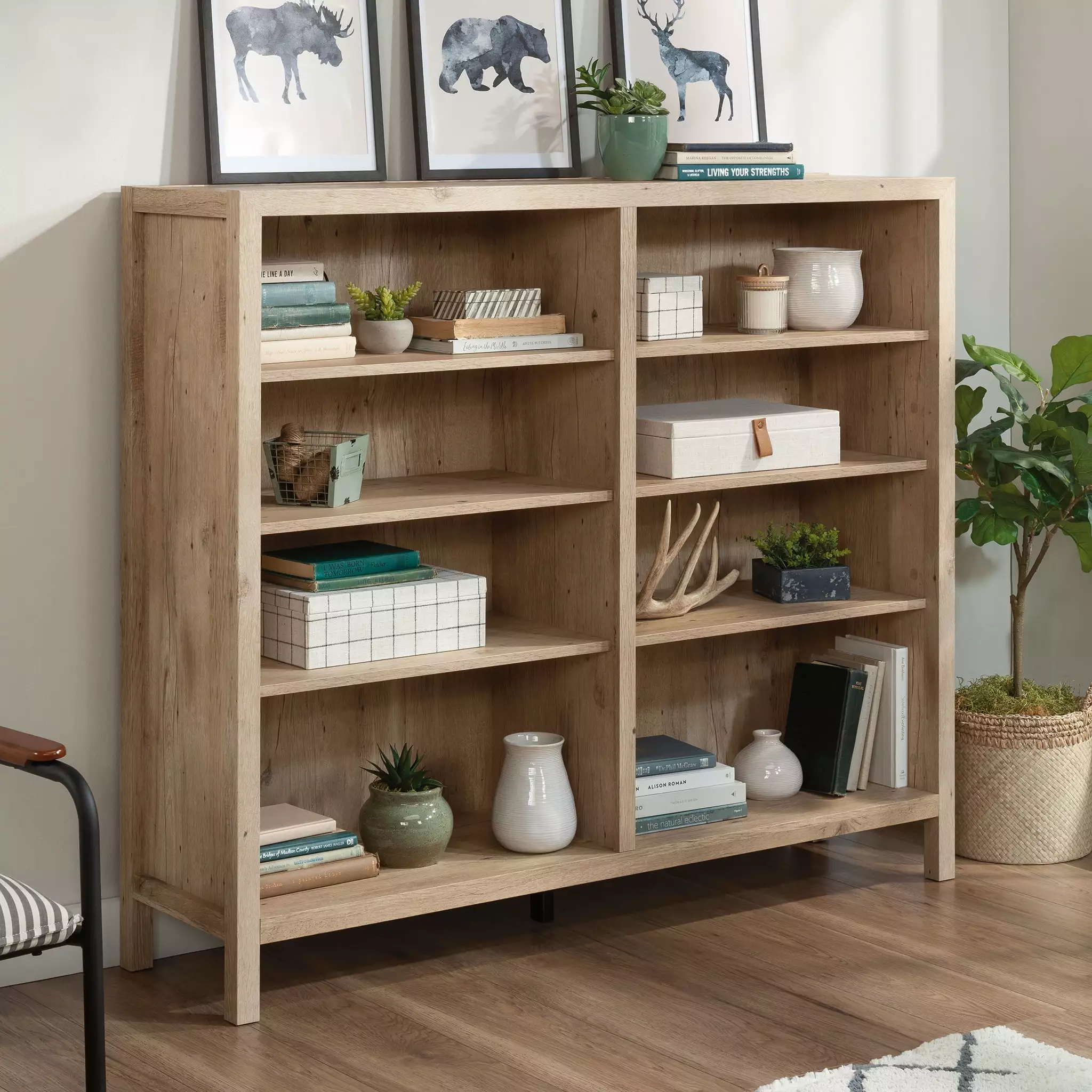 Sauder Pacific View Cubby Storage Bookcase Prime Oak Finish - Stylish Bookcase Multiple Shelves