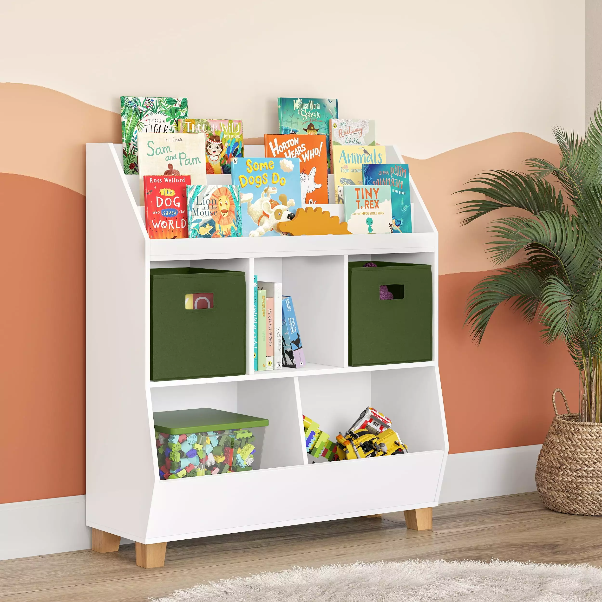 RiverRidge Kids Catch-All Multi-Cubby 35in Toy Arranger Bookrack White Kids Bookshelf Playroom