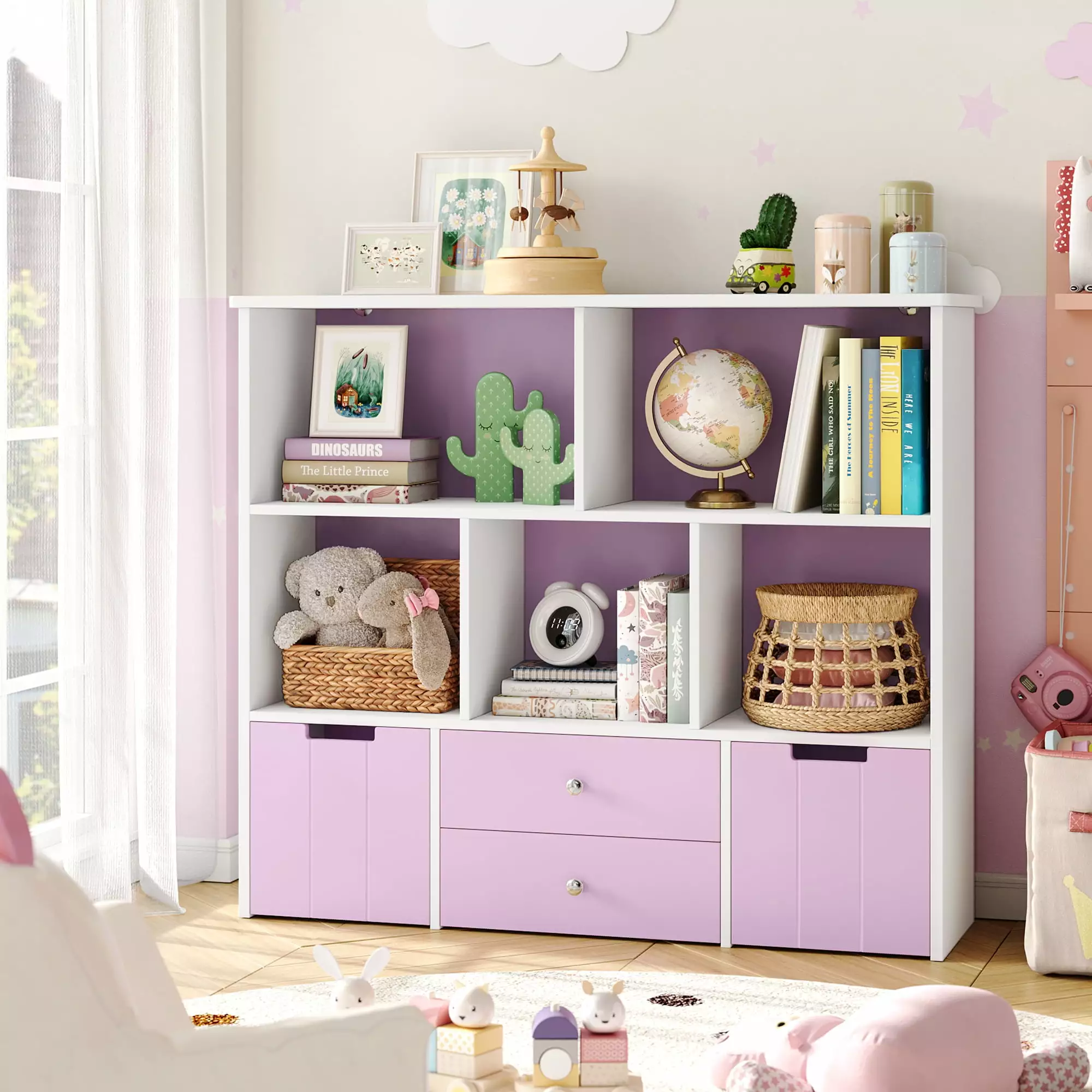 Urkno Kids Bookshelf 5 Cubby & 4 Drawers Children Wooden Toy Storage Arrange Pinkish White