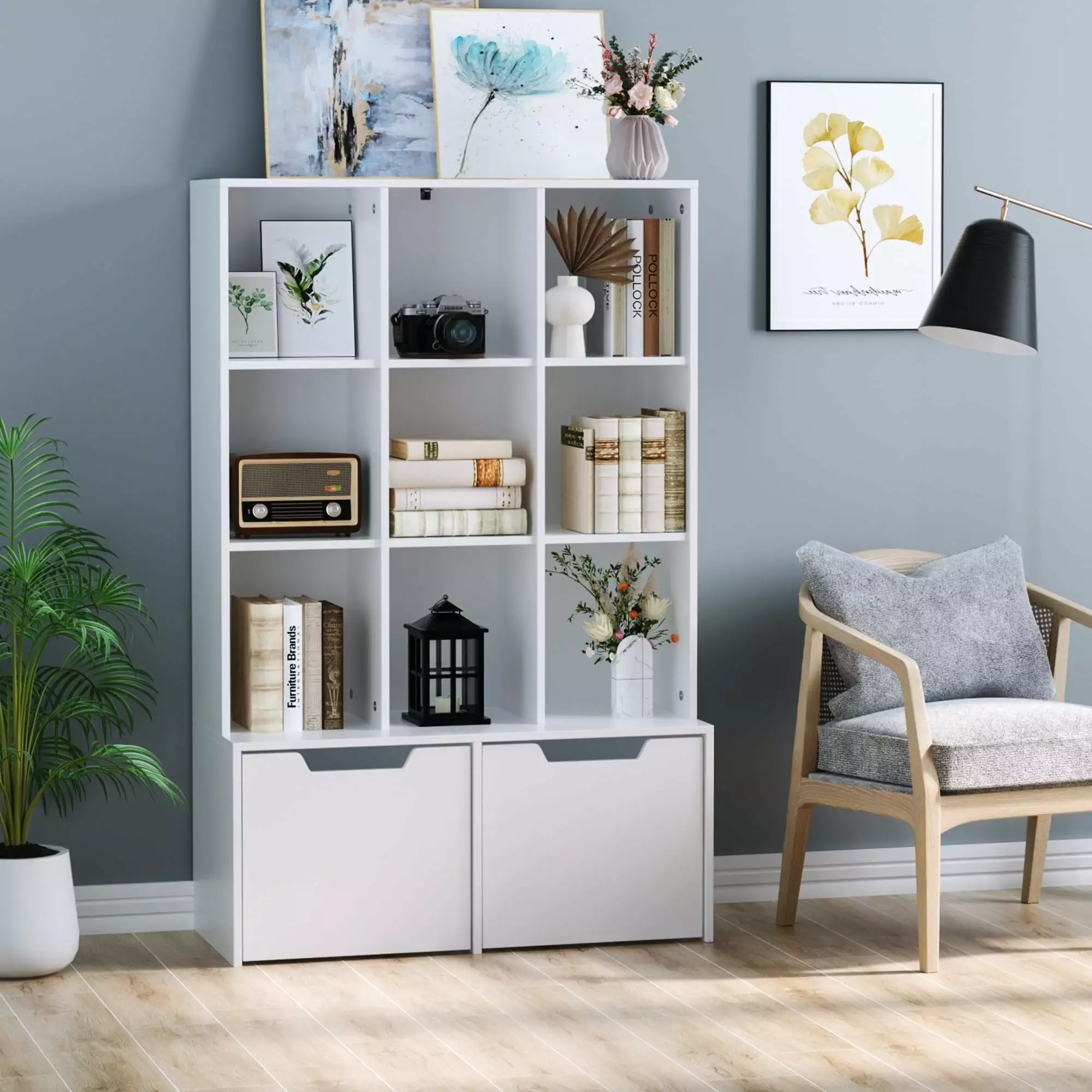 Homfa Modern Cube Bookcase 9-Cube Storage Cabinet Display Shelf 2 Mobile Drawers White Finish