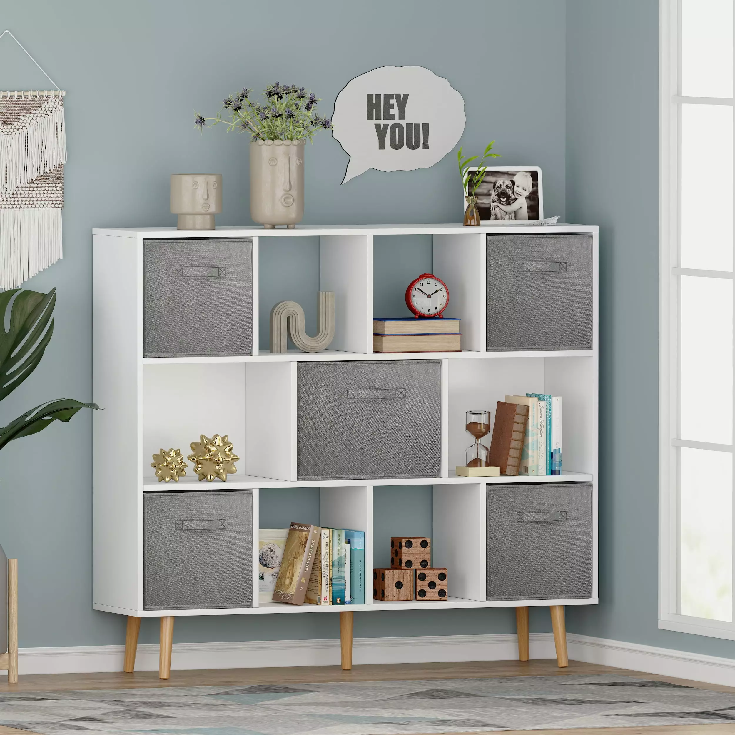 Ktaxon 11-Cube Bookcase 5 Fabric Bins Modern Storage Cabinet Kids Room Living Room Bedroom Hallway White