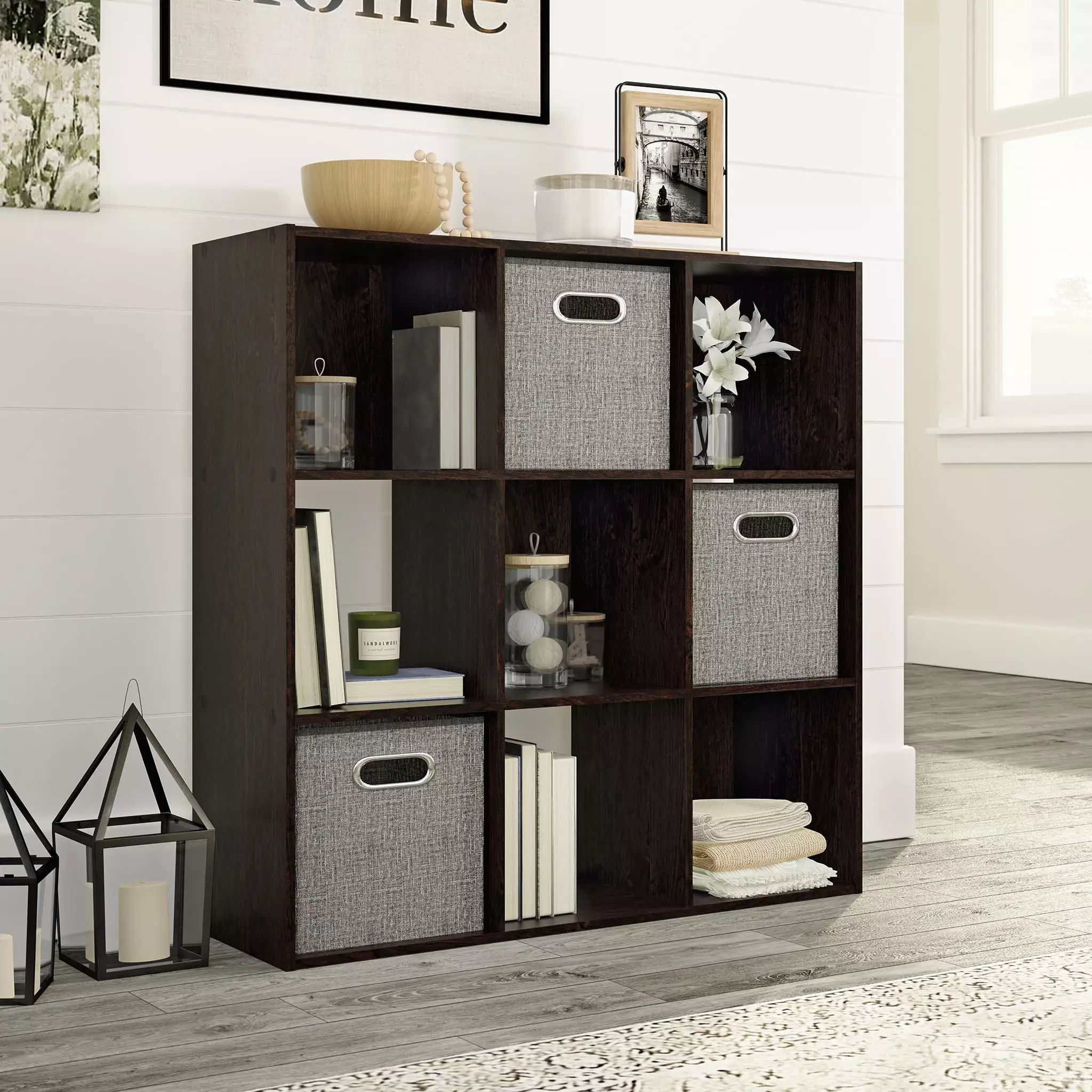 Solutions Sauder 9-Cube Arranger Storage Cubby Unit Cinnamon Cherry Finish