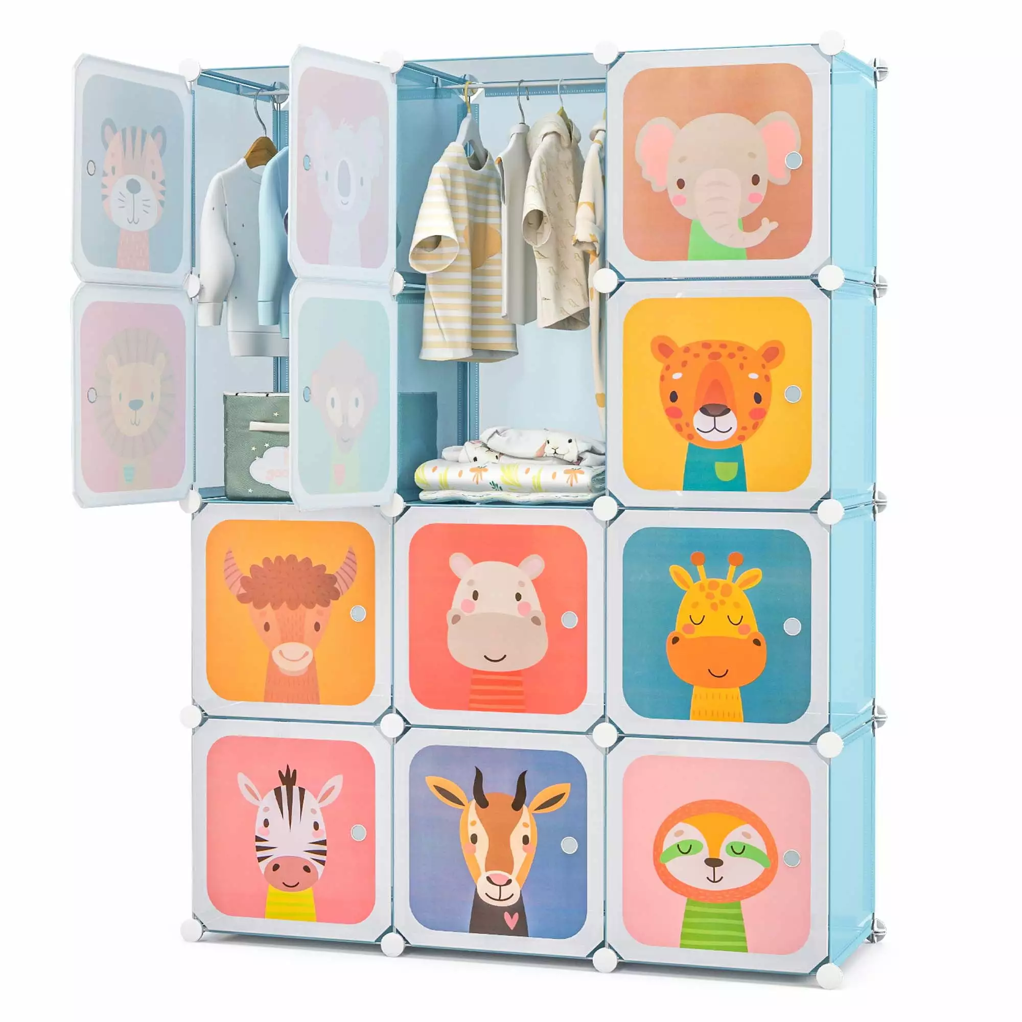 Costway 12-Cube Kids Wardrobe Baby Dresser Bedroom Armoire Hanging Closet Blue