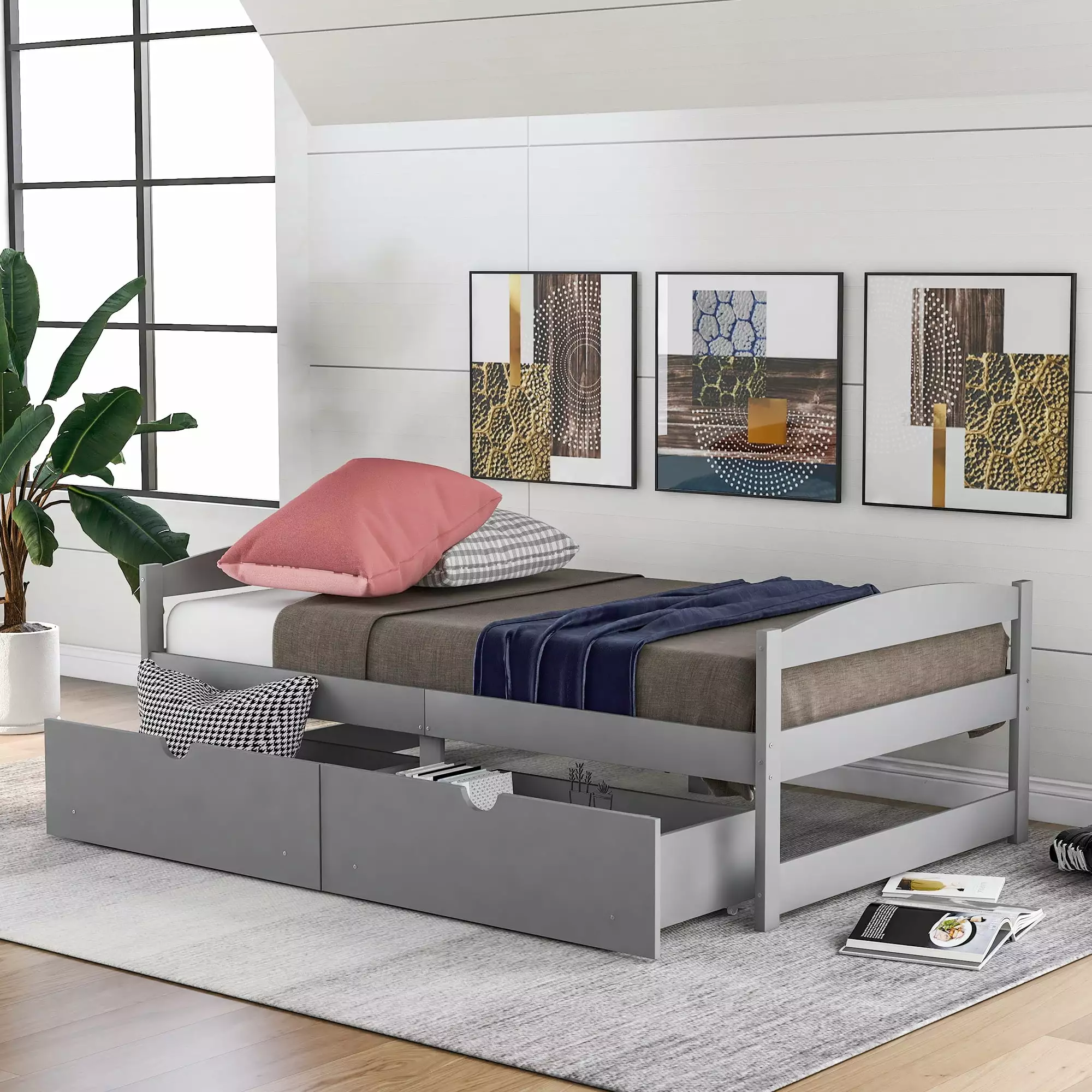 Gray Wood Platform Bed Frame Twin Size Headboard, Footboard, and 2 Drawers - Day Bed Kids and Teens HSUNNS