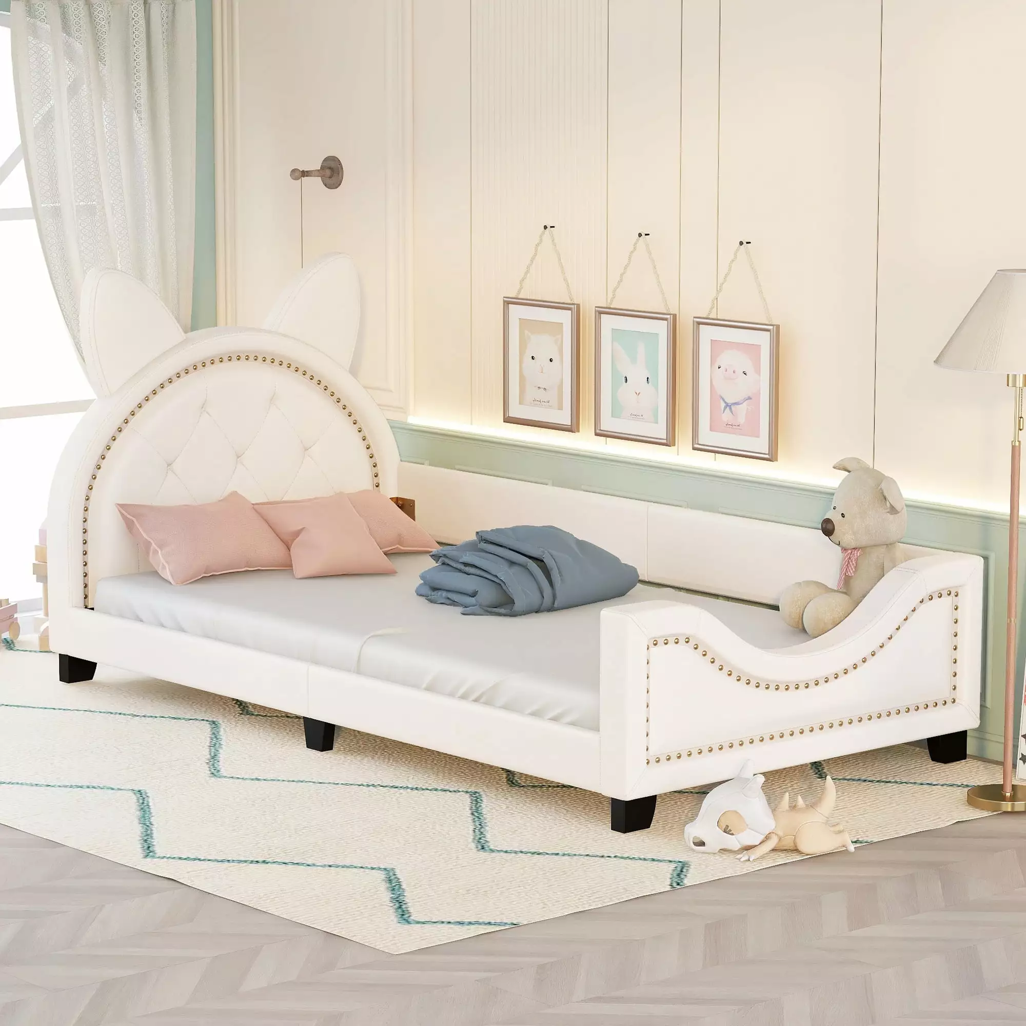 Kids Twin Upholstered Day Bed Cartoon Ears Headboard - PU Leather Sofa Bed Toddlers Boys Girls HSUNNS
