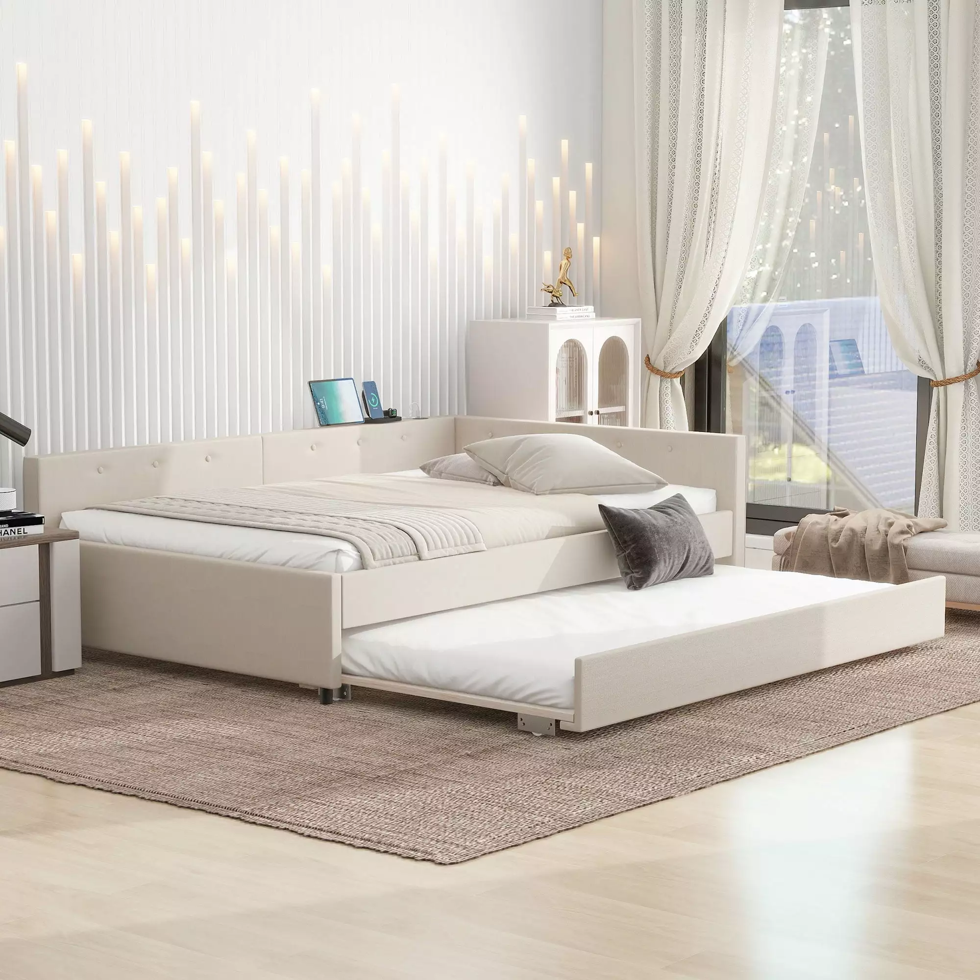 EUROCO Full Size Upholstered Daybed Twin Trundle Bed Sofa Bed USB Charging Station Beige
