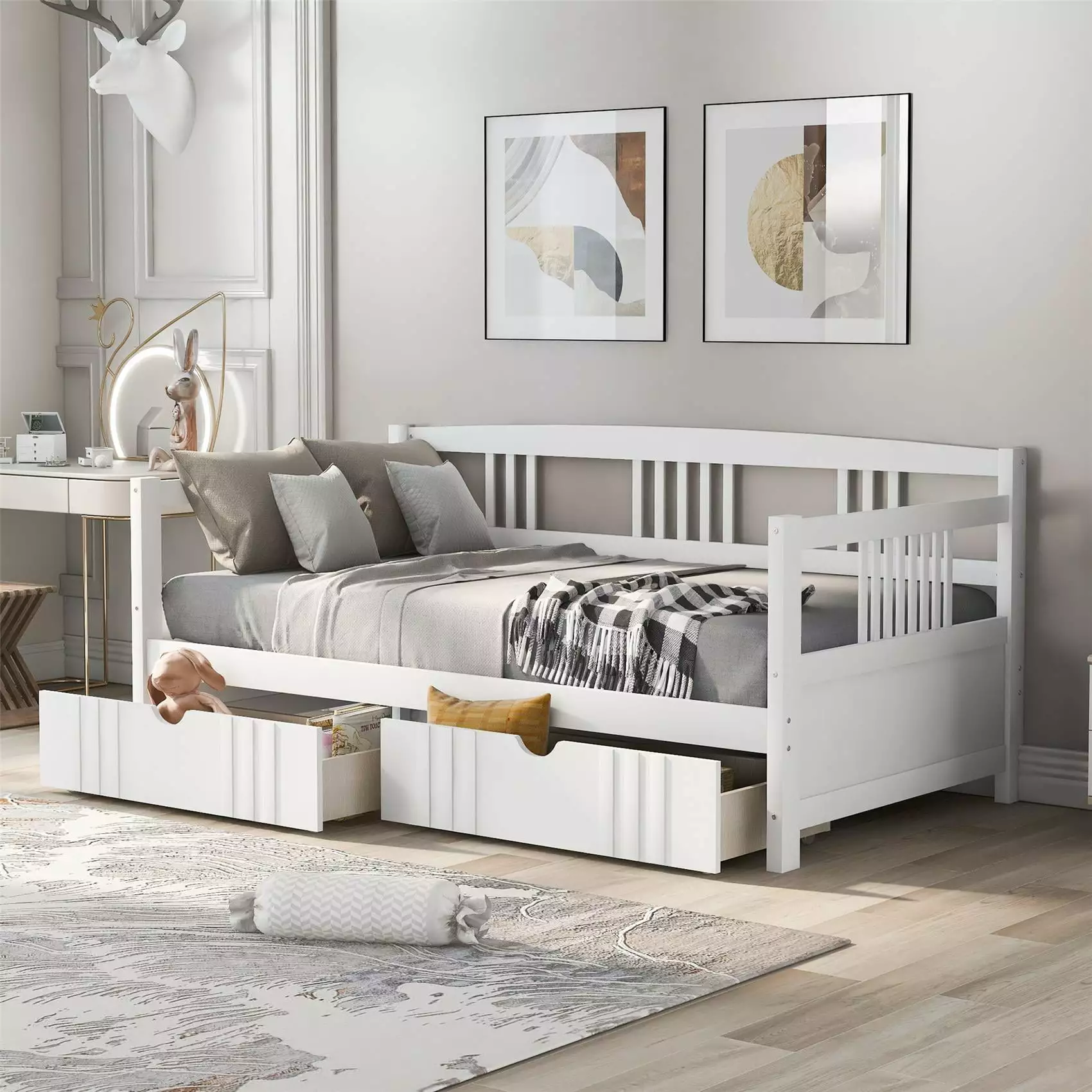 Arcticscorpion Twin Kids Wood Daybed Drawers Bedroom White
