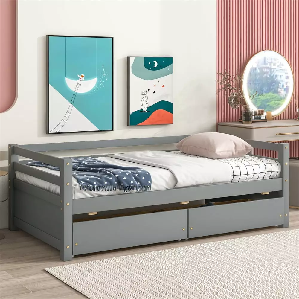 Twin Size Daybed 2 Storage Drawers Solid Wood Daybed Frame Backrest and Armrest Dual-Use Platform Bed Sofa Bed Grey ARCTIC...