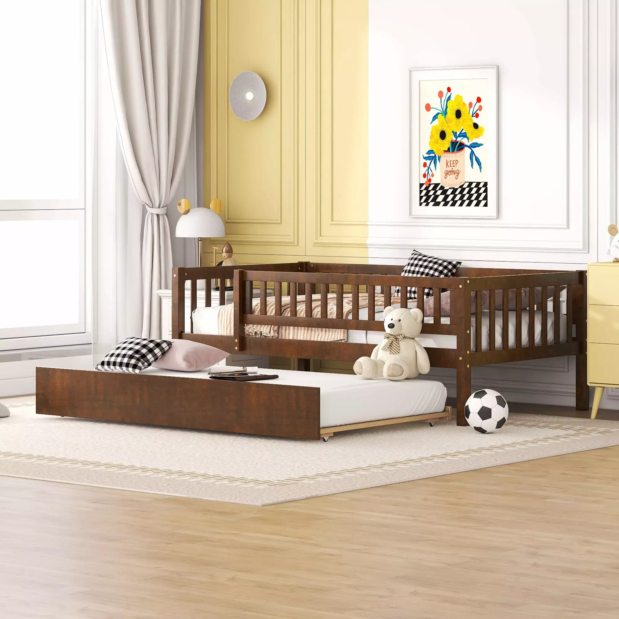 Bellemave Twin Daybed Frame Trundle Bed Wood Platform Bed Fence Guardrails Kids Teens Walnut Brown