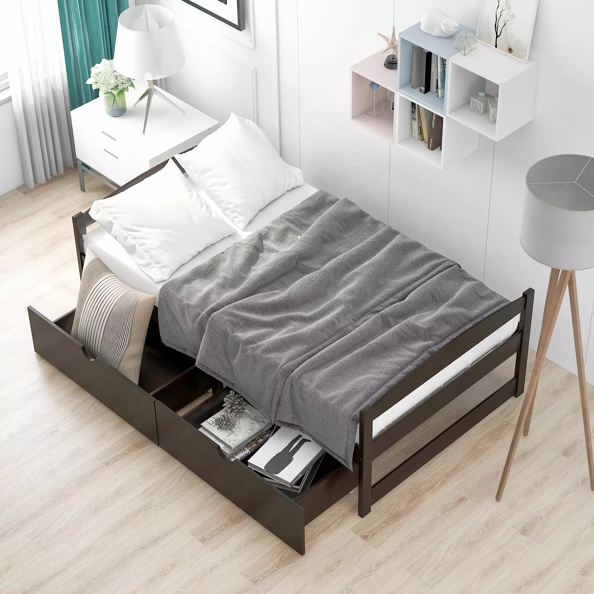 Bellemave Twin Size Solid Wood Platform Bed Headboard and Footboard Modern Daybed 2 Drawers Kids Teens Adults No Box Sprin...