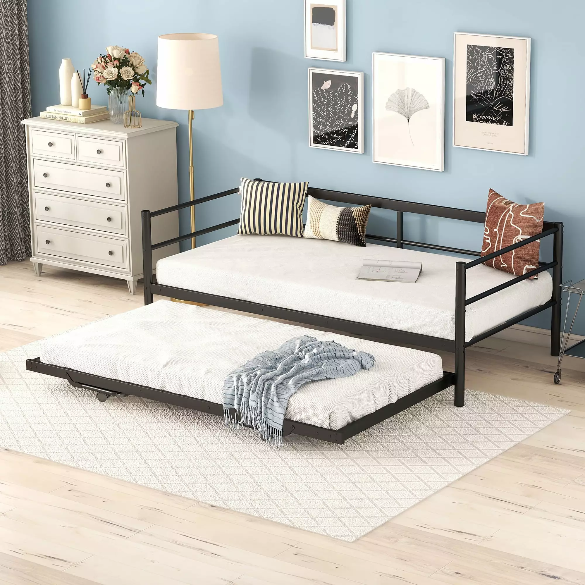 Black Metal Twin Size Platform Bed Convertible Daybed Pop Up Trundle Guests Extra Storage Euroco