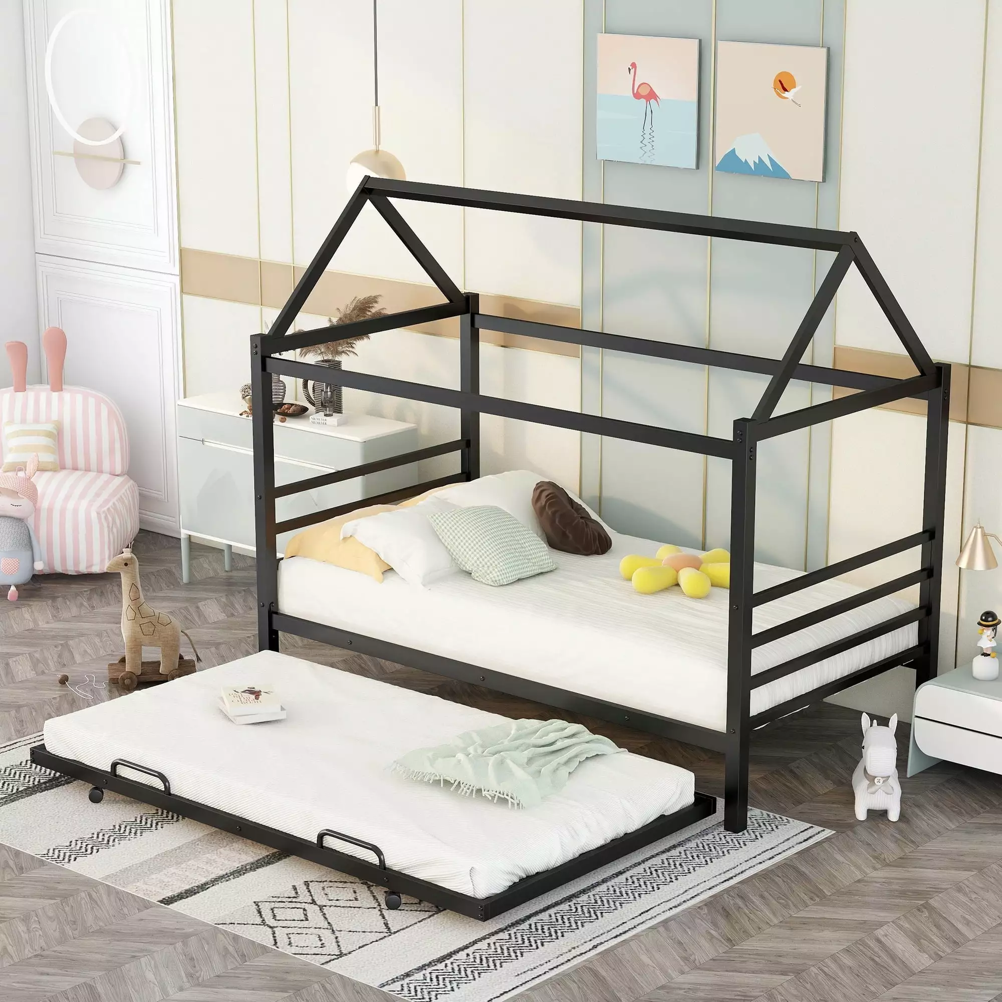 EUROCO Black Metal Twin Platform Bed Trundle Child Solid Metal Daybed Kids Heavy Duty Houtilize Bed No Box Spring Needed