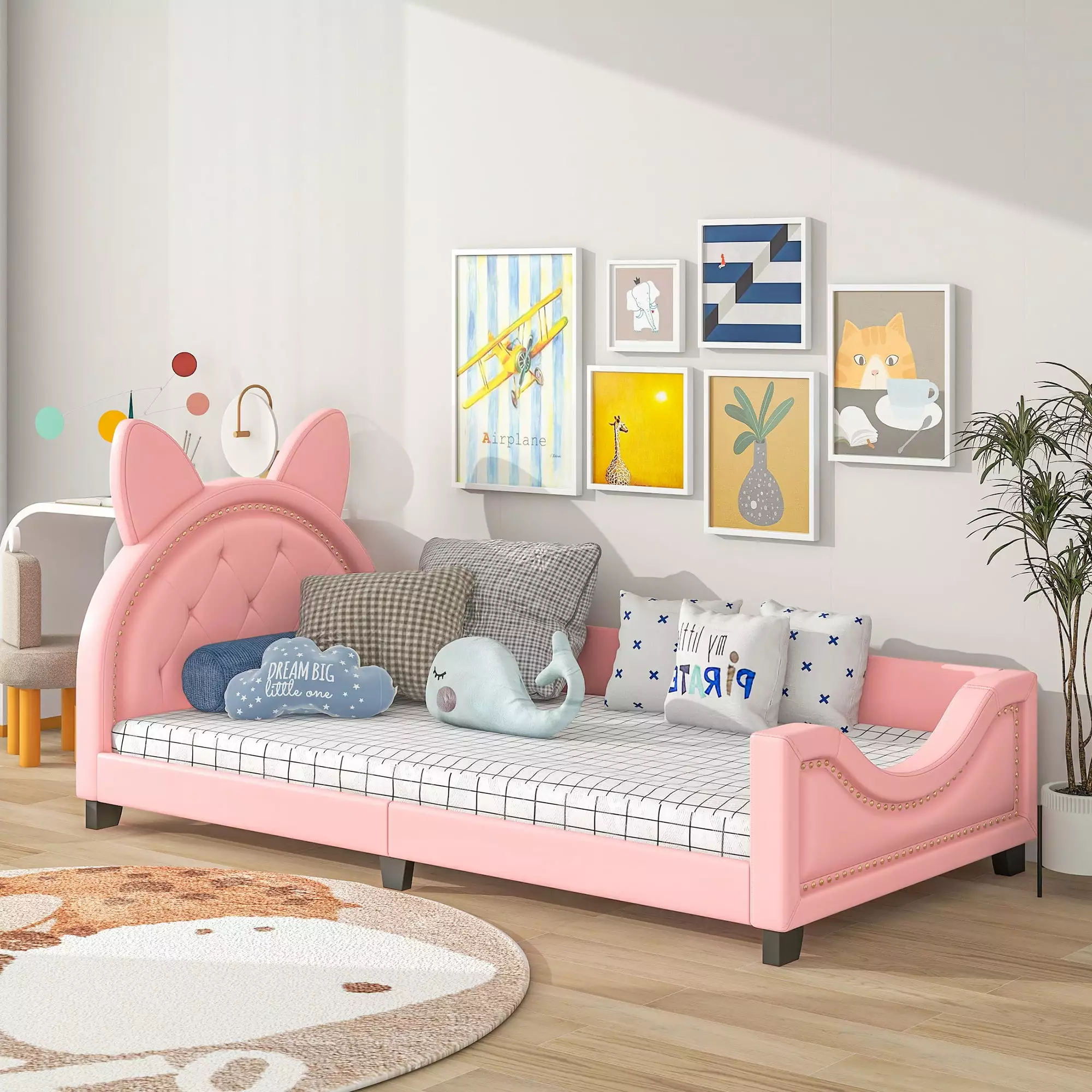 Euroco Bunny Shaped Twin Size Upholstered Daybed Headboard Kids Pink
