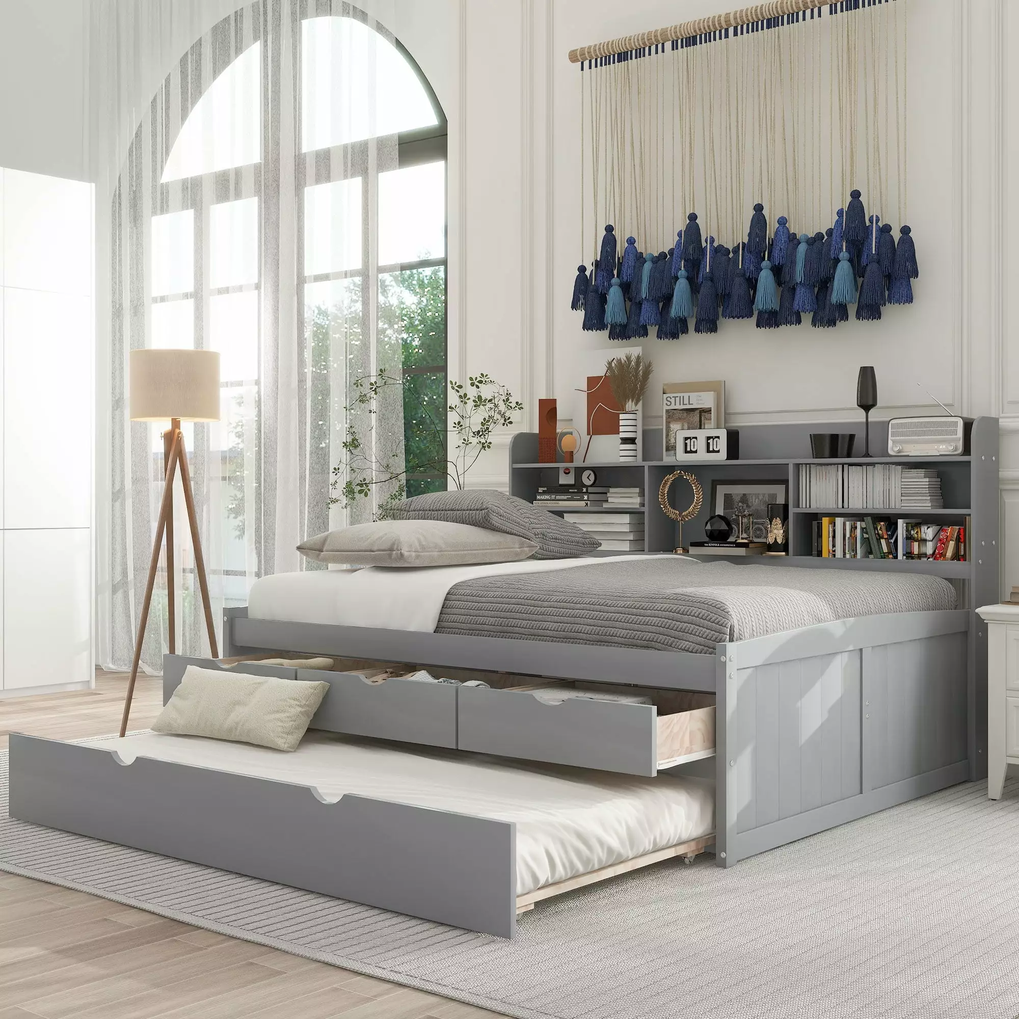 EUROCO Full Size Captain Bed Trundle and Bookcase - Gray Storage Daybed