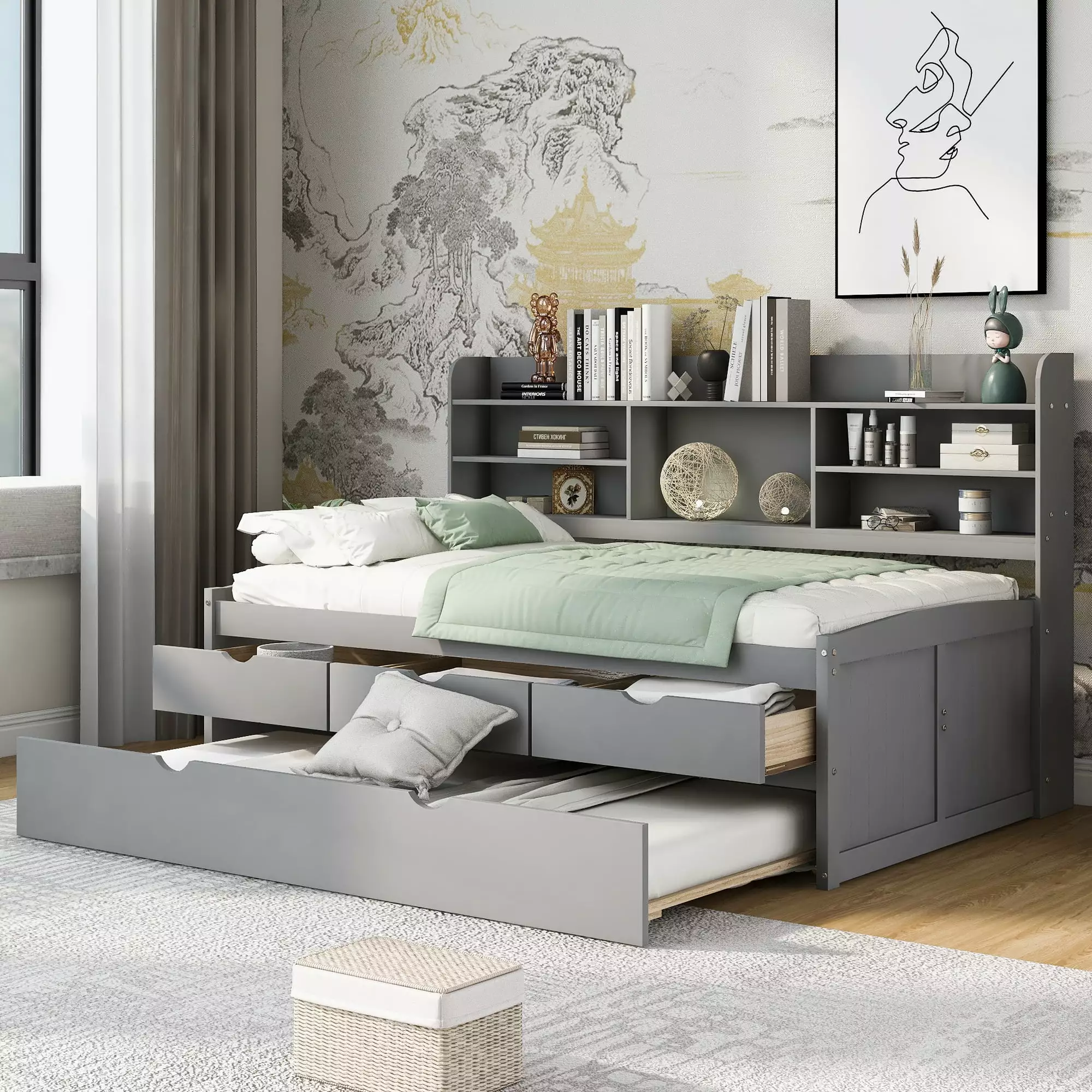 Euroco Light Gray Twin Daybed Shelf Trundle Drawers Storage Captain Bed