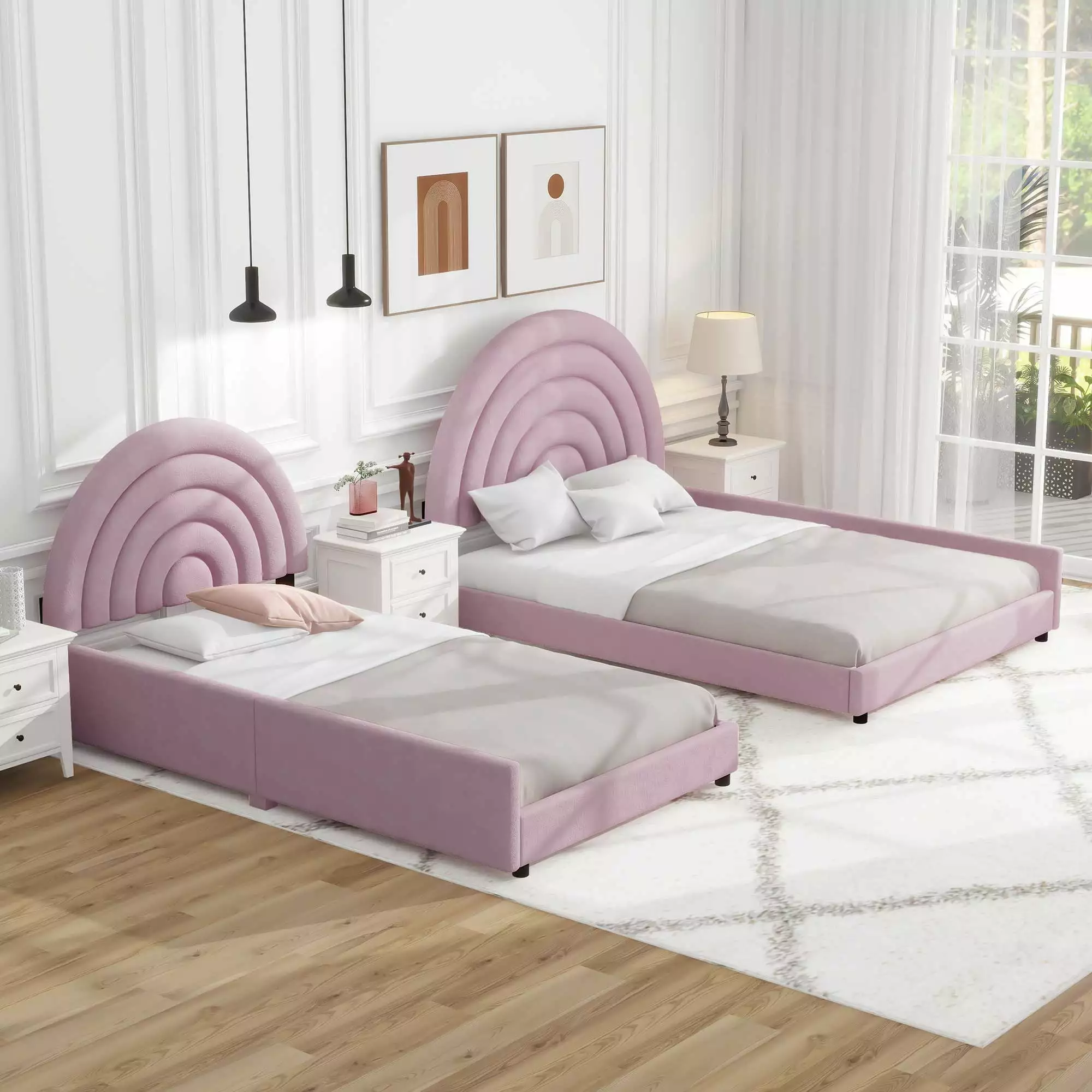 EUROCO Twin & Full Size Upholstery Platform Bed - Two Separate Daybeds Pink Kids Teens Adults