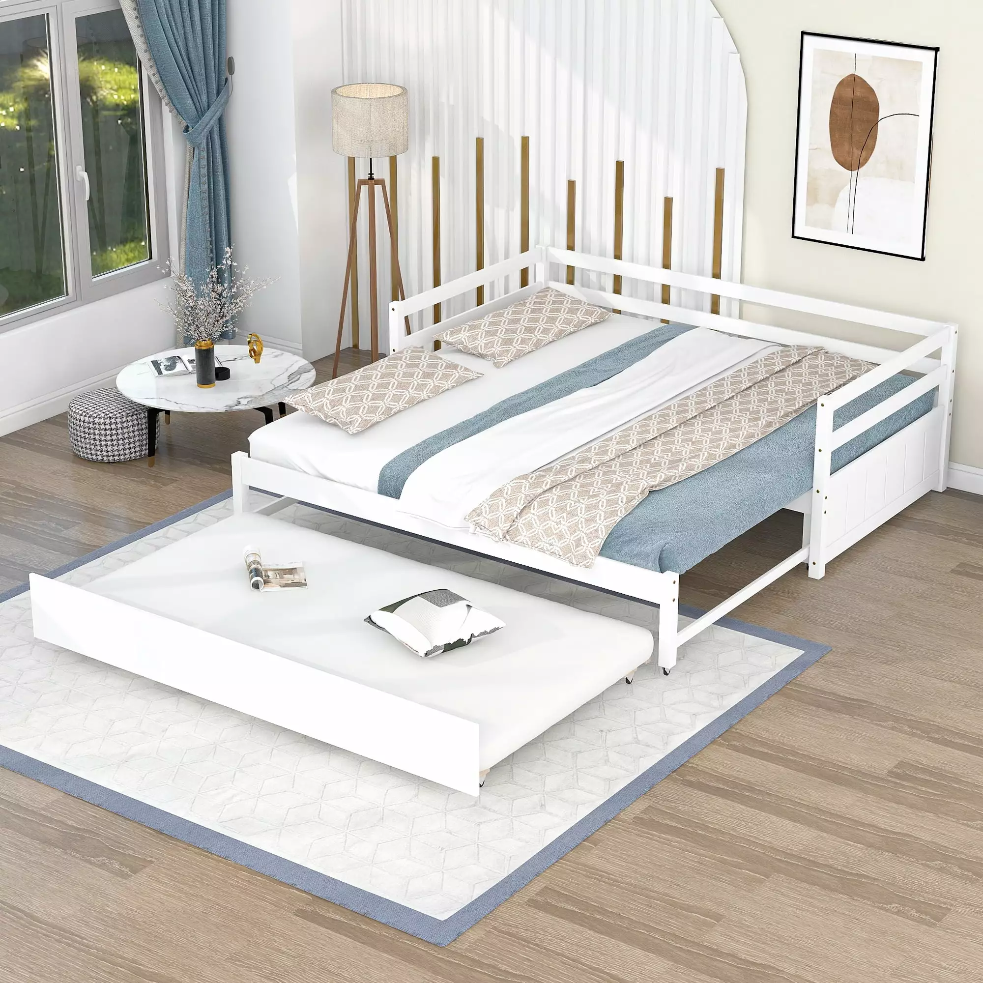 EUROCO Twin Size Daybed Convertible Double Twin Size Trundle White